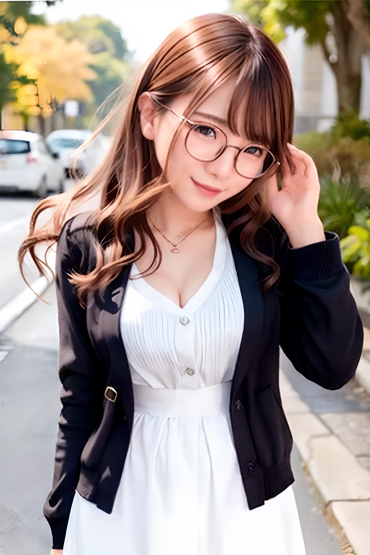 (Skin blemishes:1.2),1womanl, 21years old, (((femele))), (Skindentation), a gorgeous, 独奏, realisitic, top-quality, Photorealsitic, ​masterpiece, 8K, hight resolution, 独奏, extra detailed face,   passport photo, fullface, (profetional lighting、bokeh dof), (light particules、lensflare、Luminous particles:0.6)、(dynamicposes:1.2)、Soft lighting、Top Angle View、Fashionable and trendy atmosphere、((Look at viewers))、 (looking in camera)、(portlate:0.6)、is standing、close up of face、(middlebreasts:1)、(The long-haired)、brown haired、Floating hair、nase、s lips、lipsticks、Black-rimmed glasses、seducting smile、White Y-shirt、long  skirt、Wearing a cardigan、Wear black glasses