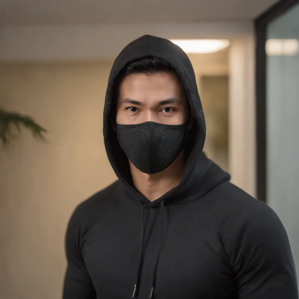 masterpiece, best quality, ultra detailed, realistic,handsome brunei man face mask, black hoodie,hacker style,gaming room background