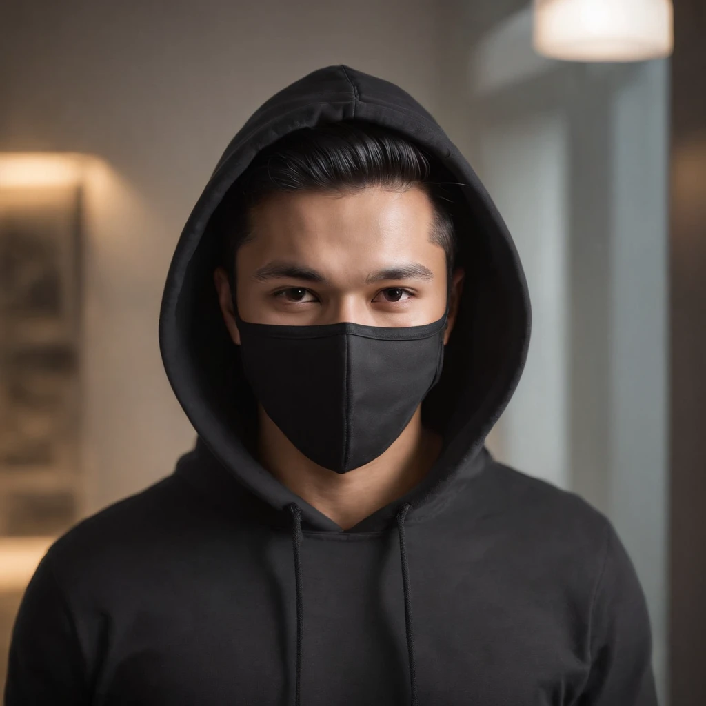 masterpiece, best quality, ultra detailed, realistic,handsome brunei man face mask, black hoodie,hacker style,gaming room background