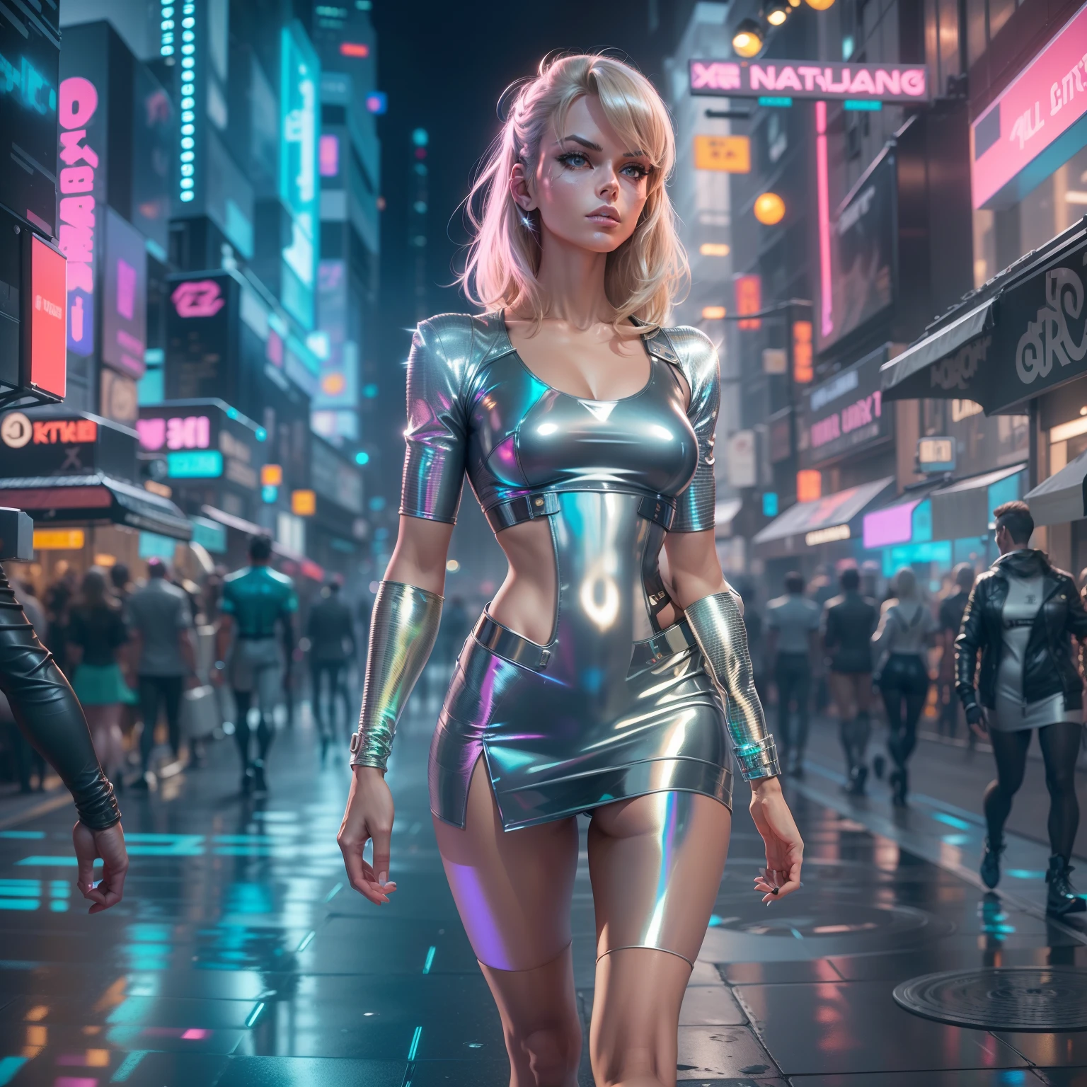 Model Brigitte Bardot Sophia Loren wearing reflective holographic metallic glass cellophane micro miniskirt walking futuristic city, muscular defined legs calf muscles, short hair, cool enticing confident, cyberpunk, full spectrum, spectacular, ray tracing, professional photography, Hasselblad, 32k UHD, ultra-sharp Intricate fine details, HDRI