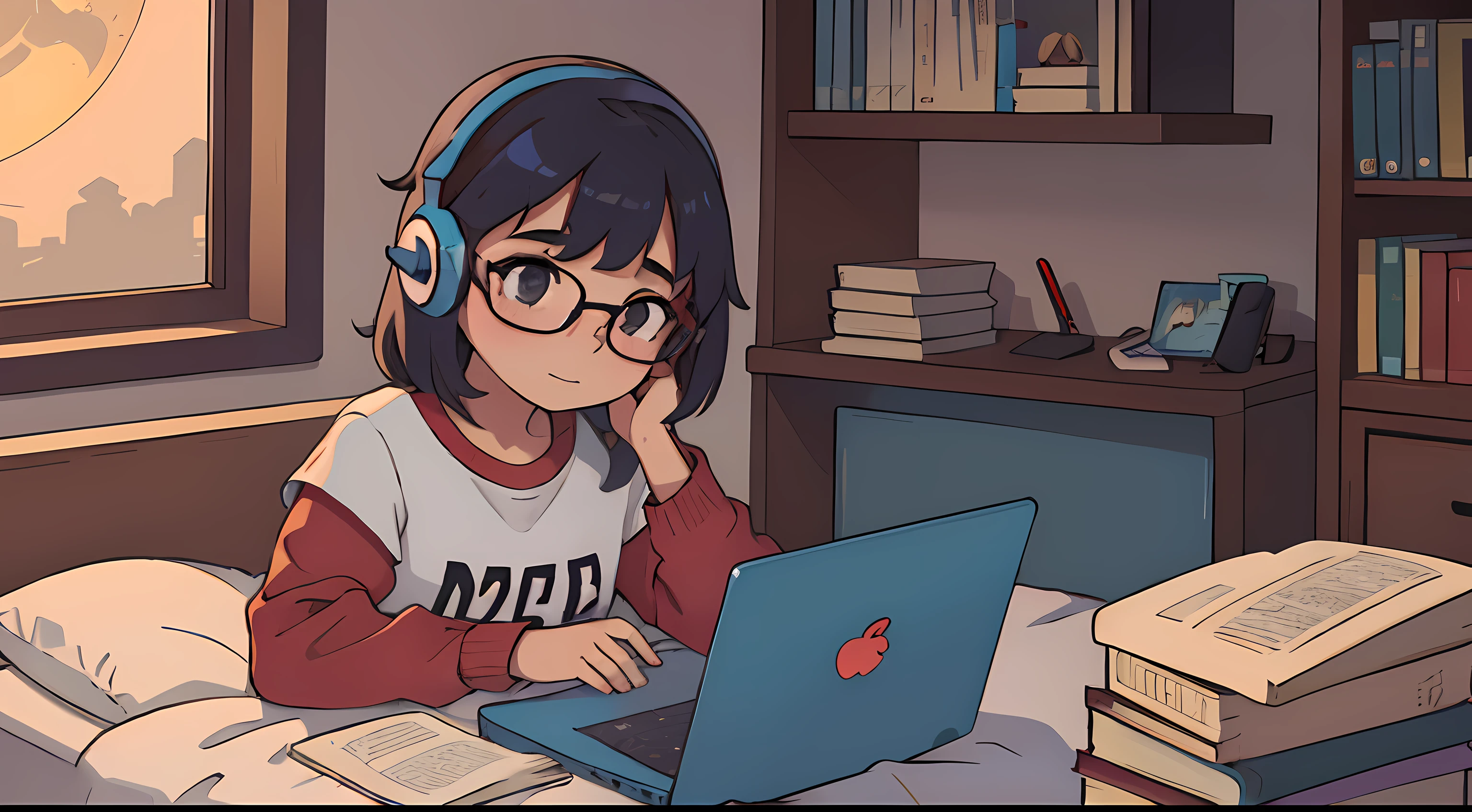 uma adolescente caucasiana, wearing round glasses, usando um headset vermelho, mexendo em um laptop cinza, on top of a bed with three closed books around it, com a janela fechada, mostrando a lua cheia ao longe