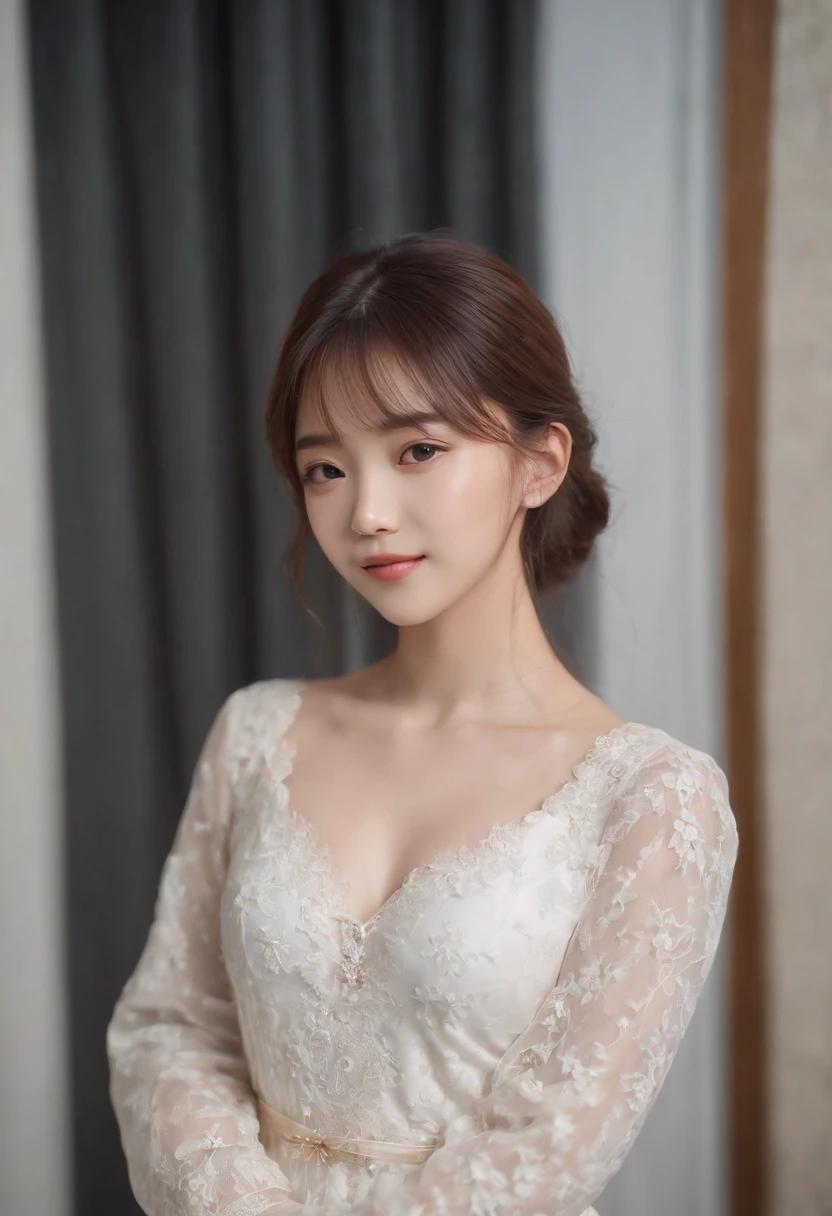 top-quality, Photorealsitic, ​masterpiece, 8K, Hi-Res, 独奏, 1girl in, (((infp young woman))),sixteen years old、full body Esbian、(small tits), ((Look at viewers)), (look at a camera), ((Different hairstyles close to long)）、Perfect straight black hair、(((With bangs)))、 (profetional lighting), Highly detailed bright face、Gentle Japan girl、Lovely smile、Small cleavage、With lace、White Dress（long-sleeve）、Standing in the room