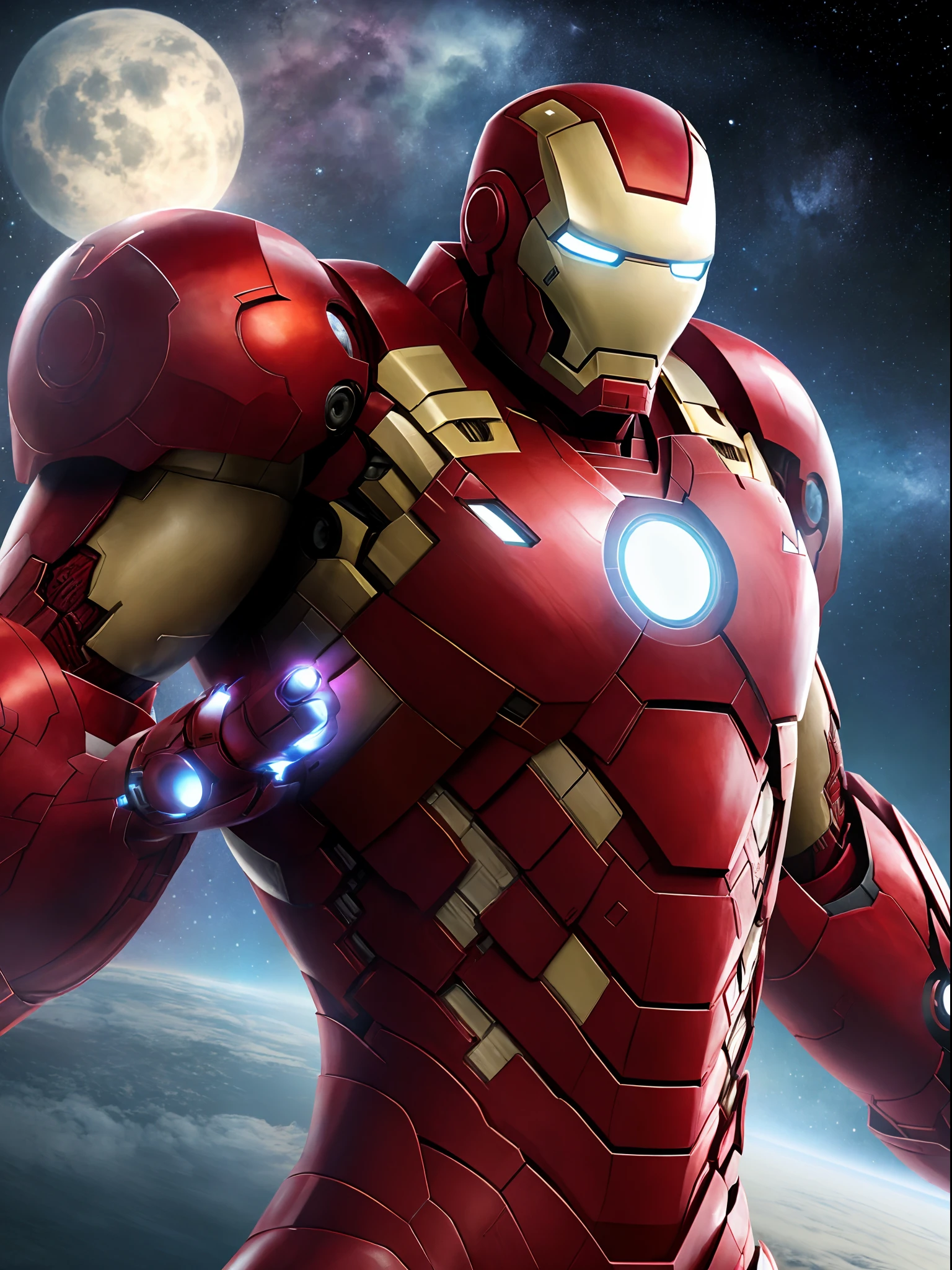 hombre, enfoque masculino, deslumbrante iron man enojado, calvo, capa morada, fondo del espacio de la nebulosa, Light Volumetric, parte superior del cuerpo, Muscle, musculoso, fantasy, Angle Dynamic