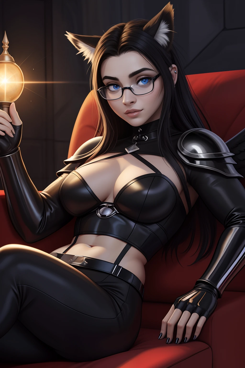 Woman with glasses sitting on a couch with a furry , aluna hiperrealista, com rabo-de-porco preto, character is in her natural pose, imagem ultra realista, Commission for High Res, nerdy black girl super hero, With eye Glasses, uma aluna hiperrealista, thick glasses, Estilo de arte fotorrealista, photorealistic illustration, Estilo de arte realista, Realistic student cosmic fallen angel, olhos claros brilhantes, Biomechanicals, estranho, assustador, pesadelo, cores muito brilhantes, light particles, com luz brilhante, Mshiff, Arte do papel de parede, papel de parede uhd, Anakil Skywalker, 15 anos, roupas medievais