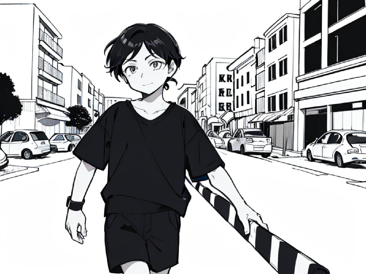 A 9-year-old boy with black skin, wearing a black shirt and white shorts, with short black hair in a small ponytail, is walking in a crowded neighborhood park. He is holding a manga page in his hand, and the camera is positioned to the side, capturing him in profile as he looks straight ahead.