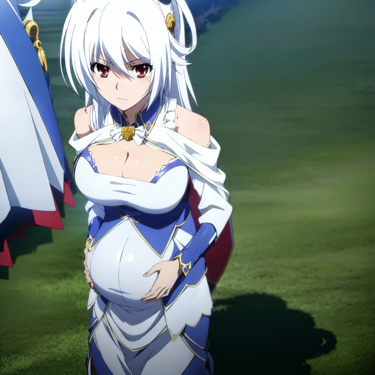 ((masutepiece, Best Quality, Very detailed, )), eleonora, 1girl in, Solo, breasts, up looking_で_viewer, Large_breasts, cleavage, Bare_shoulders, arma, Sword, Cape,She was forced to become a mother、Raped, however、Despite resistance, She became pregnant、I got pregnant. She Xu々Became a mother through forced rape to, And eventually gave birth to a .blushed face、Frustrated expression