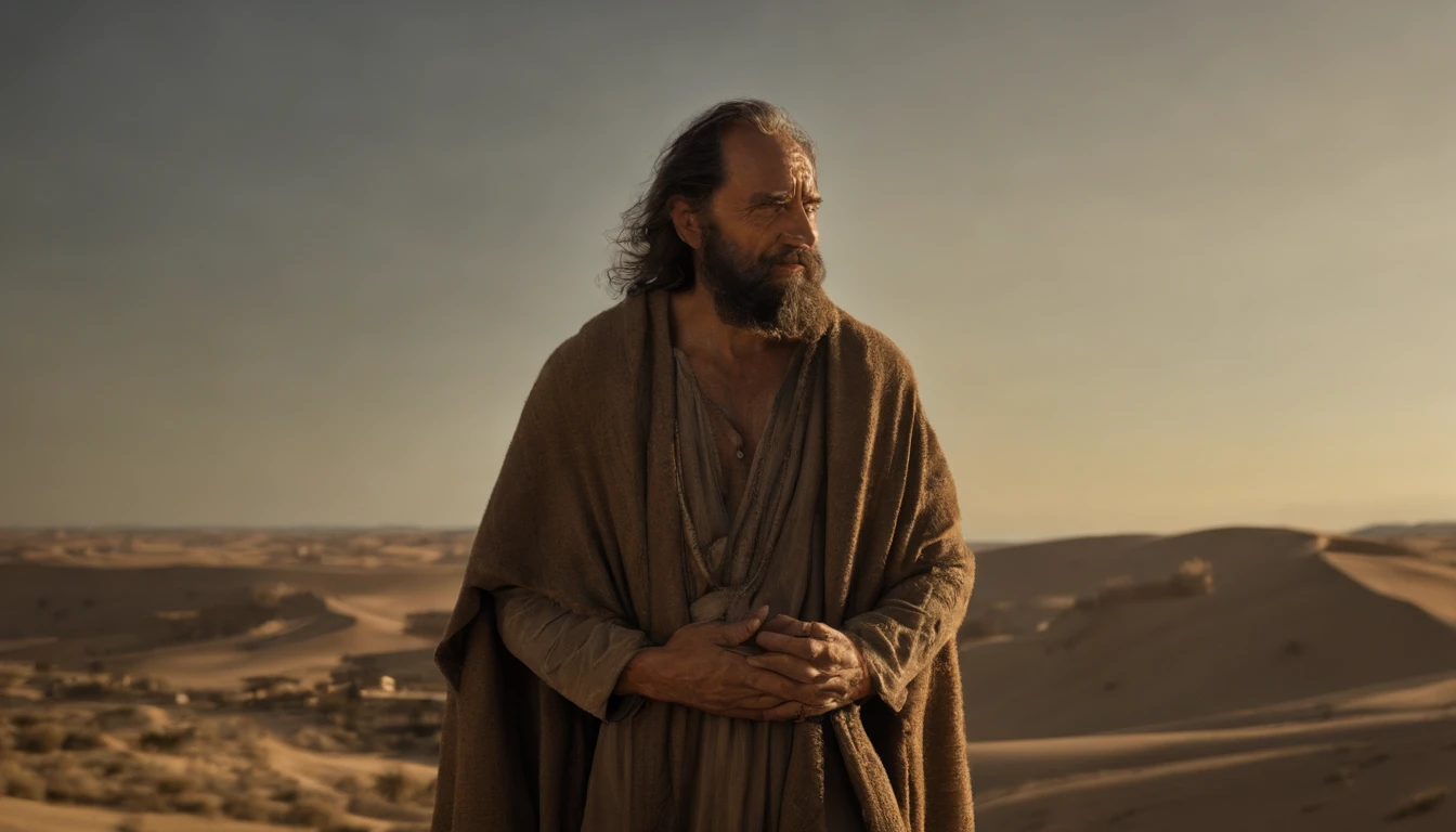 um homem encapuzado andando no deserto, holding a staff and a hand, with a sky background, portrait of bedouin d&d, ainda de um filme live action, Directed by: Étienne Delessert, Disparo IMAX, James Gurney e Andreas Rocha, Filme ainda de Duna 2020, medium shot of two characters, Danube, Sony Fotos, 4k ainda, Movie image of biblical prophet, he looks up to heaven and cries out to God to hear him, com tons quentes e terrosos, e sombras profundas, has a wise expression, --V 5 --Estilizar 1000, Biblical prophet cries out to God for the lives of his people, obra-prima, detalhes intrincados, cinemactic, The biblical prophet looks to heaven, A beautiful blue sky with some clouds, It's in the Sinai Desert, em uma colina, In the background is the desert and a small biblical village in the background, 50-Year-Old Biblical Character, no deserto: epic realistic, Soft cinematic portrait, Adobe Lightroom, photographic lab, altamente detalhado, desbotado, arte de greg rutkowski e artgerm ,cores neutras: 1,2), (HDR: 1,4) , (cores suaves:1.2), hiperdetalhado, (art-station:1.4), cinemactic, luzes quentes, dramatic light, (detalhes intrincados:1.1), fundo complexo, (Rutkowski:0.66), (azul e laranja:0.4), cinemactic, wears a brown robe and is looking up at the sky, (((olhos perfeitos, expressivos))), 8k, olha para cima, to the sky still blue, ((olhar perfeito, Expressivo))), (((apenas um homem))), ((barba curta grisalha e cabelo curto grisalhos)), Looking Up The Sky, (((olhos perfeitos)) Epic image, cinematographic, Cinematic 8K, imagem de meio corpo, plano americano, He is alone and his eyes staring at the blue sky with some clouds, (((olhos bem detalhados, very sharp, expressivos))) ((tem barba curta e cabelo curto grisalho)), 8k, cinemactic, obra-prima, (((um homem))), ((((is alone in the desert)))), olhos perfeitos e expressivos, It's just a man and it's alone,