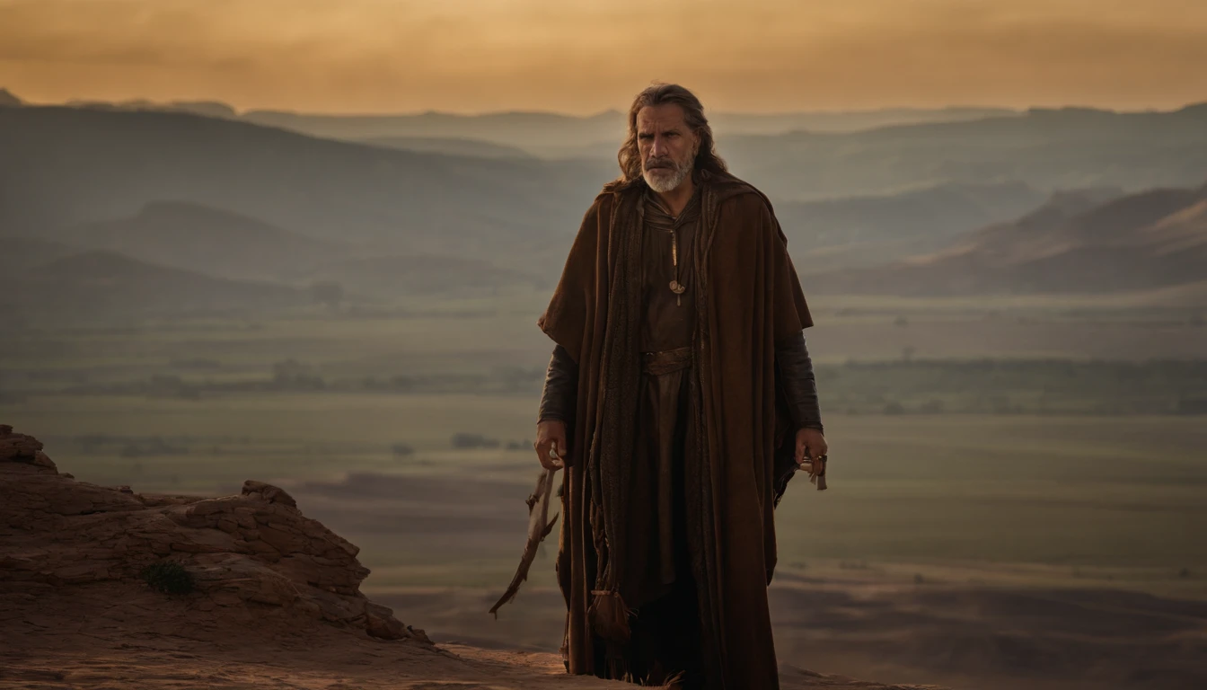 um homem encapuzado andando no deserto, holding a staff and a hand, with a sky background, portrait of bedouin d&d, ainda de um filme live action, Directed by: Étienne Delessert, Disparo IMAX, James Gurney e Andreas Rocha, Filme ainda de Duna 2020, medium shot of two characters, Danube, Sony Fotos, 4k ainda, Movie image of biblical prophet, he looks up to heaven and cries out to God to hear him, com tons quentes e terrosos, e sombras profundas, has a wise expression, --V 5 --Estilizar 1000, Biblical prophet cries out to God for the lives of his people, obra-prima, detalhes intrincados, cinemactic, The biblical prophet looks to heaven, A beautiful blue sky with some clouds, It's in the Sinai Desert, em uma colina, In the background is the desert and a small biblical village in the background, 50-Year-Old Biblical Character, no deserto: epic realistic, Soft cinematic portrait, Adobe Lightroom, photographic lab, altamente detalhado, desbotado, arte de greg rutkowski e artgerm ,cores neutras: 1,2), (HDR: 1,4) , (cores suaves:1.2), hiperdetalhado, (art-station:1.4), cinemactic, luzes quentes, dramatic light, (detalhes intrincados:1.1), fundo complexo, (Rutkowski:0.66), (azul e laranja:0.4), cinemactic, wears a brown robe and is looking up at the sky, (((olhos perfeitos, expressivos))), 8k, olha para cima, to the sky still blue, ((olhar perfeito, Expressivo))), (((apenas um homem))), ((barba curta grisalha e cabelo curto grisalhos)), Looking Up The Sky, (((olhos perfeitos)) Epic image, cinematographic, Cinematic 8K, imagem de meio corpo, plano americano, He is alone and his eyes staring at the blue sky with some clouds, (((olhos bem detalhados, very sharp, expressivos))) ((tem barba curta e cabelo curto grisalho)), 8k, cinemactic, obra-prima, (((um homem))), ((((is alone in the desert)))), olhos perfeitos e expressivos, It's just a man and it's alone,