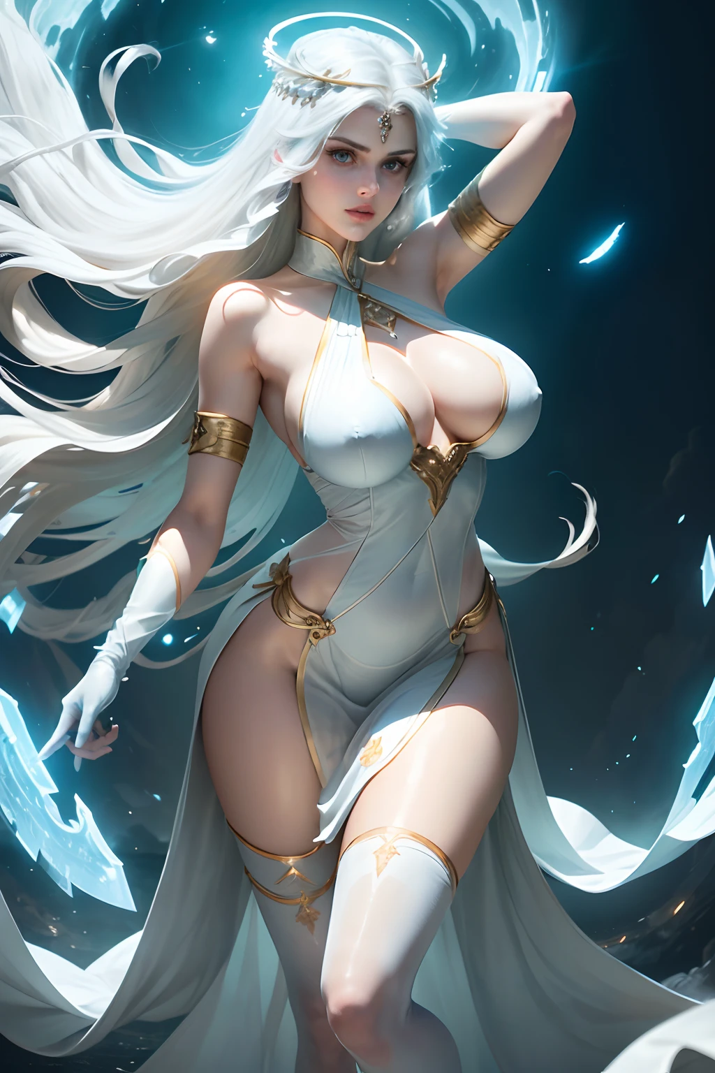 ((Alexandra daddario is goddess of light)) (she has bright blue eyes)(red lips) (very long hair flowing around)((very huge breasts)) (perfect slim body)(she wears a windy sexy transparent white dress, white gloves and white stockings)(she wears neck and waist gold ornaments)(she is floating above the clouds)(she have a halo of light over her head)(high definition, amazing lights and shadows)((masterpiece))(8k)(perfect face) (perfect hands)