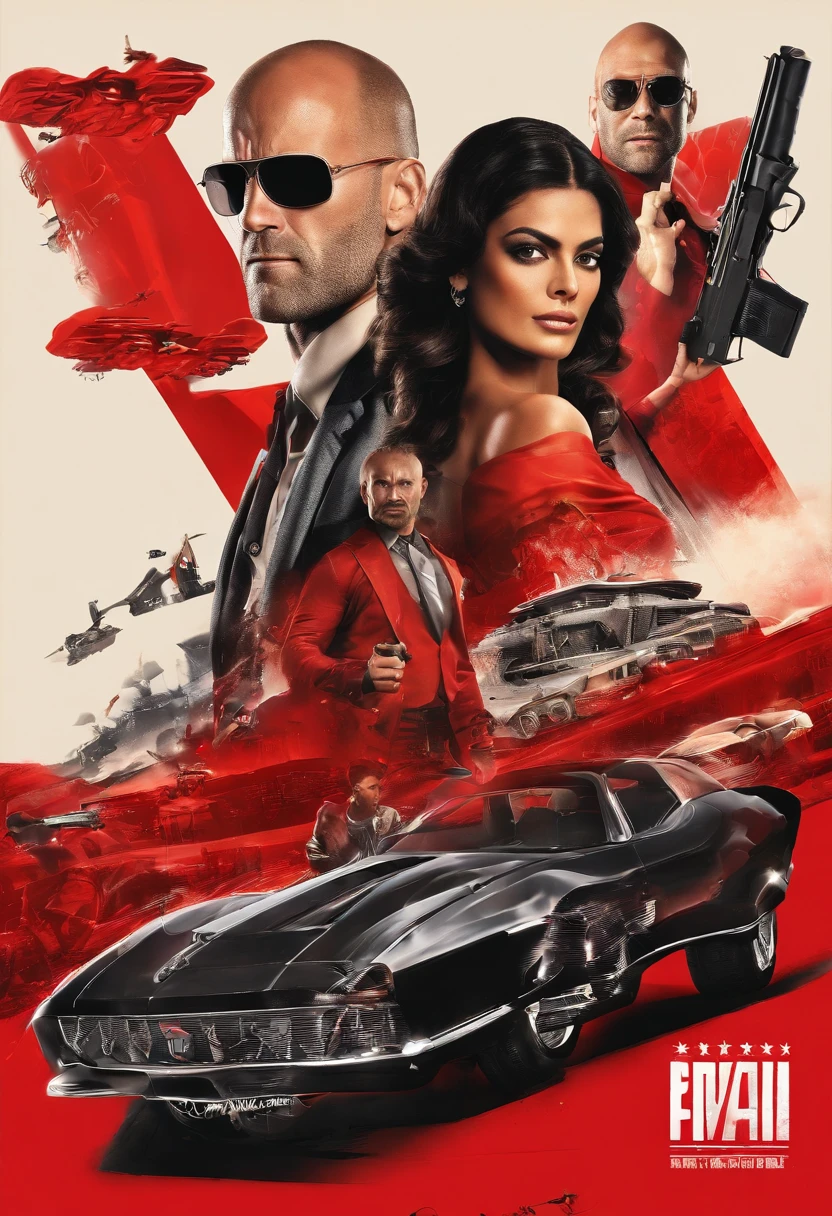 create a poster of an action movie where the lead actor is Janson Statham, ele veste um terno preto e gravata vermelha, segurando duas pistolas com silenciadores, the villain of the movie next to him, actress Juliana Paes plays the villain, She's wearing a sexy red dress