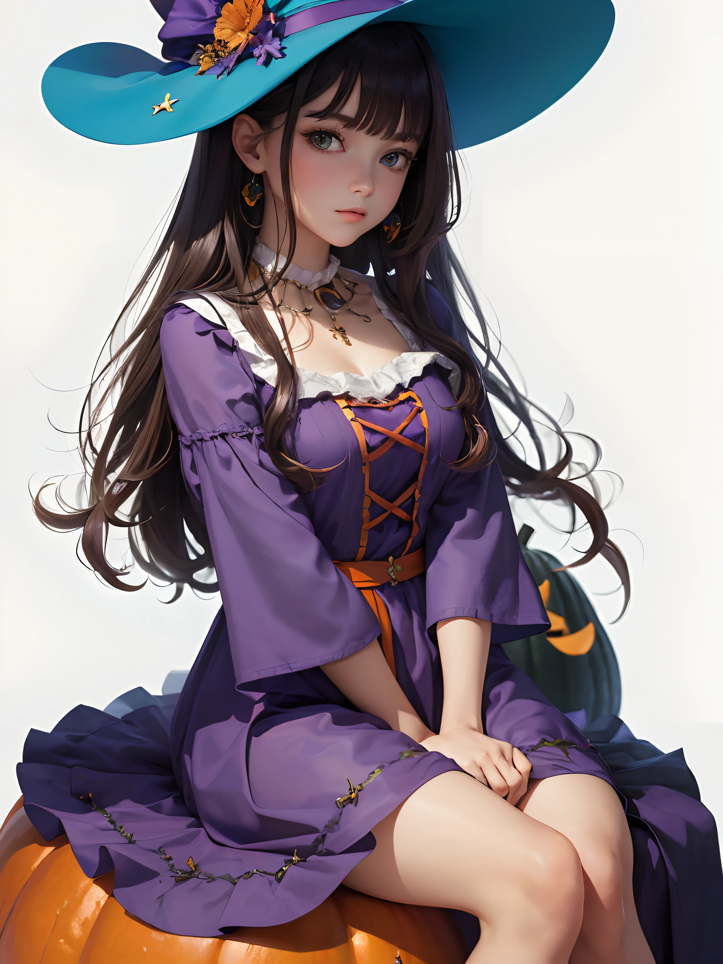(Masterpiece, highest quality, super large resolution); (CG illustration); Cute caucasian teenage Halloween witch in a purple dress; sitting beside orange pumpkins; (fashionable) (trendy); fashion typography, magazine cover poster, hyper-detail, art, graphic design, detail post-processing, depth of field, high brightness, high saturation, more white space; on an uncluttered white background, in a white room with white background
