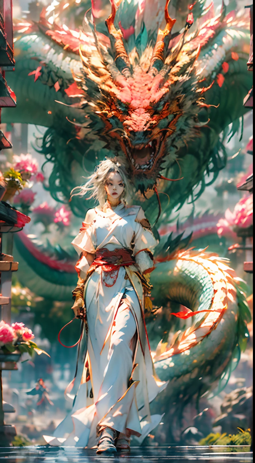 The Chinese White Divine Dragon rose into the air,(Chica manipula dragones:1.3),(The girl has her back to the camera:1.3),Las nubes del cielo rodean los alrededores,magia de luz,fantastic background,Significado de fondo,Ridiculous background,There are artistic overlays,cabello multicolor, surrealismo, cinematic lighting, Trazado de rayos, Luz de Dios, Speed Line, view angle, hiper HD, obra maestra, La mejor calidad, Super detail, A high resolution, alta calidad,(vista lejana:1.3)