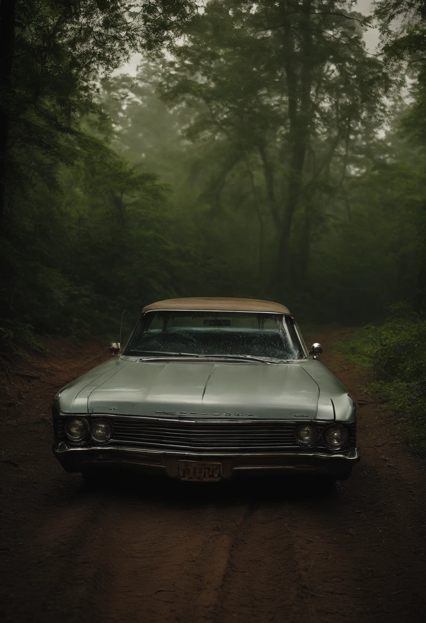The sound of rain and metal sounded in unison,The tires are torn and spinning in caramel-like mud,The engine barked frantically in the dark。It was an old-fashioned Chevrolet Impala:Litflan impala。Car struggling on dirt road in the forest,The dim light is dim and faint, It cannot shoot through the darkness。The sky is pouring rain, The forest is tall and majestic。dark,very heavy rain,Weak light