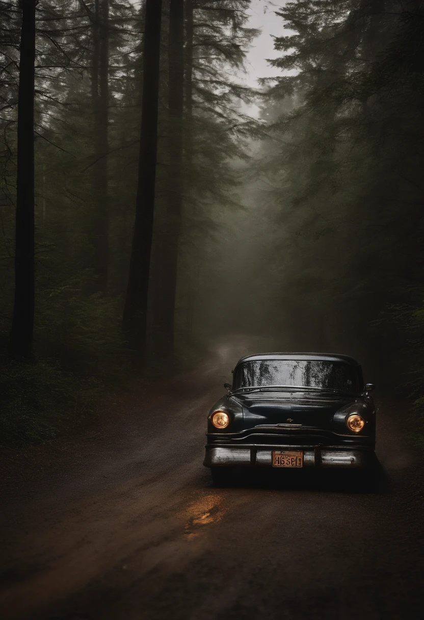 The sound of rain and metal sounded in unison，The tires are torn and spinning in caramel-like mud，The engine barked frantically in the dark。It was an old-fashioned Chevrolet Impala:Litflan impala。Car struggling on dirt road in the forest，The dim light is dim and faint, It cannot shoot through the darkness。The sky is pouring rain, The forest is tall and majestic。dark，very heavy rain，Weak light