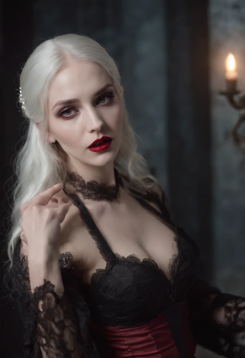 1 Vampires, (Female:0.8), poison fangs, Blood, Neck bites, extreme pale skin, intense eyes, Seductive expression, (Blood dripping:1.2), (Erotic atmosphere:1.3), White hair, Long flowing hair, (Black lace dress:1.2), (cropped shoulders:0.9), (Red corset:1.1), (Torn clothing:0.8), (Seductive pose:1.2), (Moaning:1.4), (Moonlight:1.3), (gothic environment:1.2), (haunting background:1.1), (lifting one leg:1.2), (Glossy lips:0.9), (Whisper sweetly:1.2), (sensual lighting:1.3), (Long nails:1.1), (Heavy atmosphere:1.2), (A lingering touch:1.3), (Erotic tension:1.4).