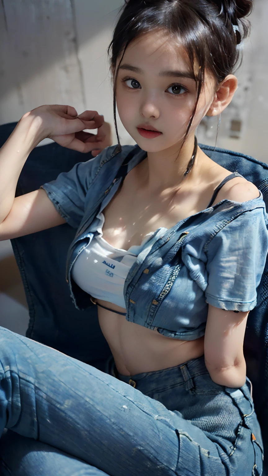 photorealisim、(-yeld juschool girl:1.5)irt and low-rise skinny denim:1.9)、(Immediately after severe rape:1.9)、(Smaller chest:1.8)、(Sit on a chair with one leg raised:1.9)、(Smooth bun hair:1.7)、Looks like you're about to cry、Letting down your bangs、Detailed body、Detailed hand、No makeup