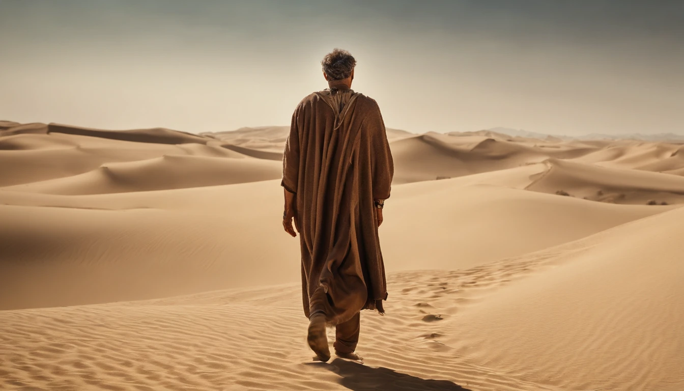 Homem encapuzado andando no deserto, Hold a hand with the staff, In the background of the sky, portrait of bedouin d&d, ainda do filme live-action, supervision: Directed by: Etienne delessert, Fotografia IMAX, James Gurney e Andreas Rocha, Filme duna 2020, medium shot of two characters, Danube, Sony Fotos, 4K still images, Video images of biblical prophets, He looked up at the sky,、I cry out to God to make you heard, Tons quentes de terra, E sombras profundas, It's a sensible expression, - V5 - Estilize 1000, The prophet of the Bible cries out to God for the life of his people, obra prima, detalhes intrincados, cinemactic, Biblical prophets look to heaven, Beautiful blue sky with a cloud, Localizado no deserto do Sinai, em uma colina, In the background is a desert and a small biblical village, 50-Year-Old Biblical Character, no deserto: epic realistic, Soft cinematic portrait, Adobe Lightroom, photographic lab, ighly detalhado, desbotado, arte de greg Rutkowski e artgerm ,Cores Neutras: 1,2), (NFFSW: 1,4) , (cores suaves:1.2), Hiperde Tarhad, (art stations:1.4), cinemactic, luz quente, dramatic light, (detalhes intrincados:1.1), O Contexto Complexo, (Rutkowski:0.66), (azul e laranja:0.4), cinemactic, Looking up at the sky in a brown robe, (((olhos perfeitos, Expressivo))), 8k, Olhe para cima, Sky still blue, ((the perfect appearance, Expressivo))), (((apenas um homem))), ((barba grisalha curta e cabelos grisalhos curtos,)), look up to the sky, (((olhos perfeitos)) Imagens espetaculares, filme, Cinematic 8K, Imagem de meio corpo, Plano Americano, he is all alone、Your eyes are looking up at the blue sky with clouds, (((Um olhar detalhado, very sharp, Expressivo))) ((tem barba curta e cabelos grisalhos curtos)), 8k, cinemactic, obra prima, (((homem))), ((((Sozinho no deserto)))), Olhos perfeitos e expressivos, It's just a guy and、It's a person,