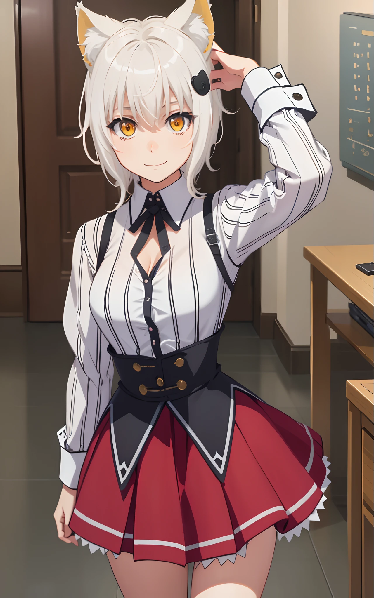 Best Quality, (Masterpiece:1.2), High Detailed, Standing, School, Indoor, Cat Ears, 1girl, solo, tojo koneko, looking at the viewer, closed mouth, light smile, top, yellow eyes, white hair, short hair, hair decoration, school uniform, cleavage, striped shirt, unbuttoned shirt, red skirt, black neckband, erotica