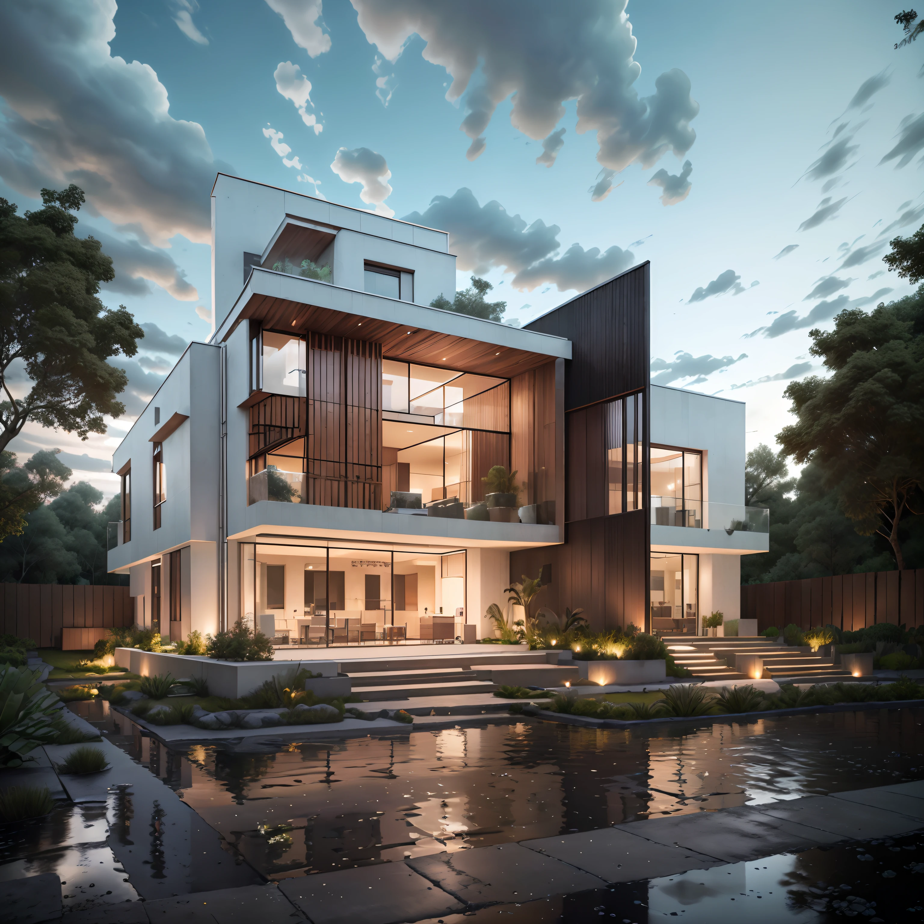 Bauhaus style house, glass house with a sloping roof, modern, dynamic (RAW photo, real, best quality, masterpiece:1.2), (hyper realistic, photo-realistic:1.2), high quality, (dark lighting:1.2), perfect lighting, archdaily