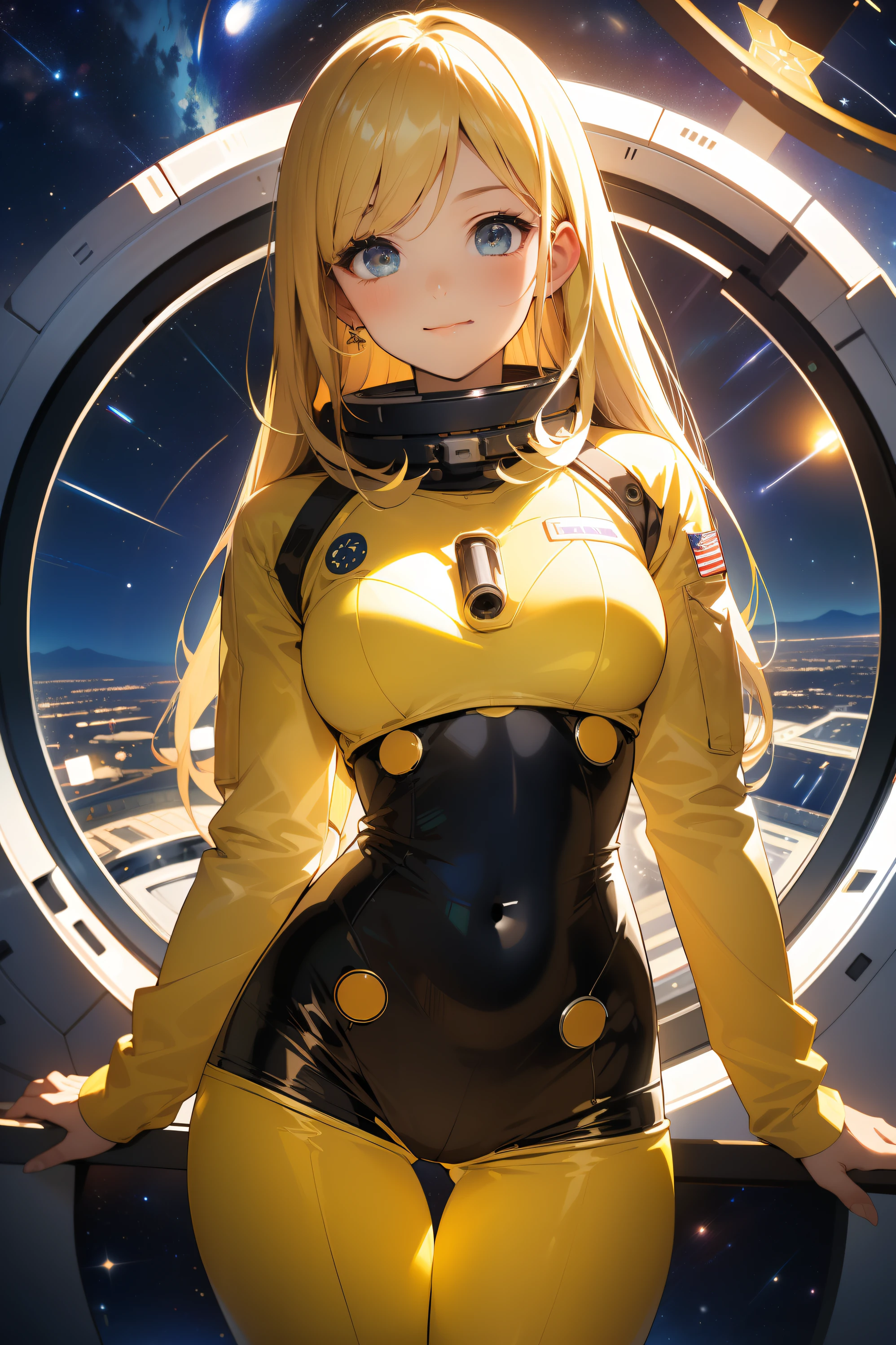 (masterpiece, best quality:1.2), (cowboy shot:1.1), solo, 1girl, mori yuki, slight smile, closed mouth, looking at viewer, blonde hair, thigh gap, yellow bodysuit, skin-tight, perfect body, belt, long blonde hair, large window, (starship porthole:1.3), from front, (spread legs:1.3), (standing:1.1), thigh gap, perfect hands, bright starship interior, (outer space view:1.1), (orbital view:1.3), (night, stary sky:1.5), milky way