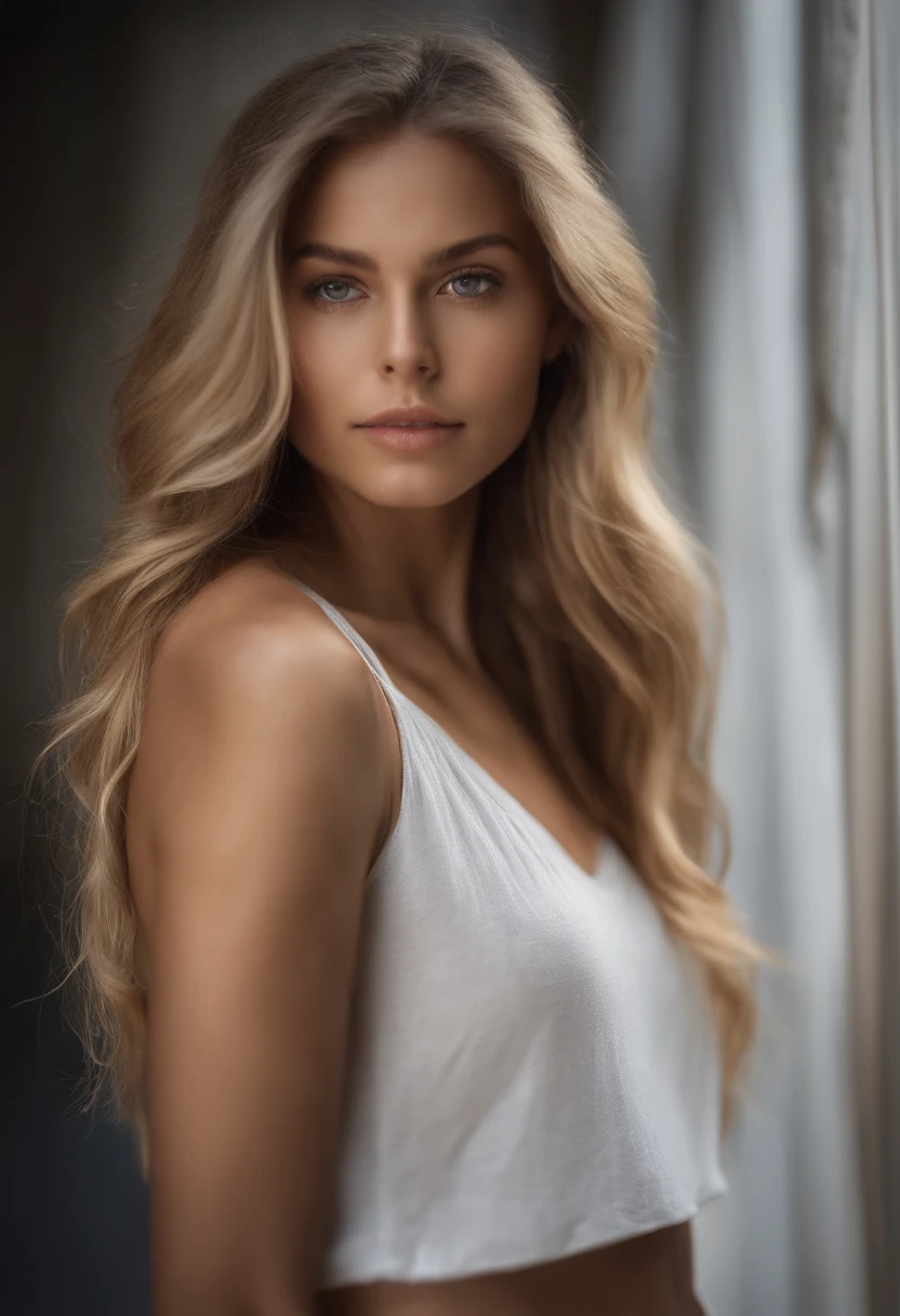 Natural photography of a girl, Using a loose crop top, se pencher, longs cheveux raides blond, Close your eyes to the camera, eyes symmetrical, symmetrical face, Fotorrealista, photographie, Path layout, specular lighting, Volumetric light of the face, Hair path, Ombres visibles, complexe, elaborate, Contexte Street Art, culotte