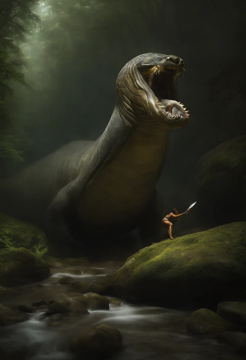Create a work of art that depicts a chance encounter between the enigmatic half-human, criatura meio cobra e um aventureiro humano determinado. The adventurer should be portrayed as someone on a mission, carrying the tools of his craft and exuding an air of bravery and curiosity.

Put them in a surreal and mystical environment, where ancient trees with bioluminescent leaves cast a sinister glow. A atmosfera deve ser preenchida com uma aura de magia e maravilha, as if the meeting of these two beings was destined to unravel a hidden mystery.

Capture o momento em que seus olhos se fecham pela primeira vez, transmitindo um misto de surpresa, fascination, and perhaps a hint of apprehension. The serpentine grace of the creature must contrast with the human determination of the adventurer, creating a sense of beauty and supernatural curiosity Modelshoot Style, (papel de parede CG 8k extremamente detalhado,its head resembles that of a seal (aproximadamente o dobro do tamanho) and his body is subject to sometimes very pronounced ripples, Finalmente, his back is covered with a kind of sawtooth: Its length is approximately 20 meters (minimum value), Its color is gray and black; Its head resembles that of a seal (with approximately twice the dimensions) and his body is subject to sometimes very sharp ripples, finally its back is covered by a kind of sawteeth: which eliminates any resemblance to seals which eliminates any resemblance to Ed Blinkey's painting stamps, Atey Ghailan, ghibli studio, de Jeremy Mann, Greg Manxadinho, Antonio Moro, trending in the artstation, trend at CGSociety, intrincado, alto detalhe, foco nítido, Dramatic, Artistic painting by Midjourney and Greg Rutkowski, verde-azulado e dourado, Petals, campo, action pose, casting a spell, Magia Rhodopian Verde