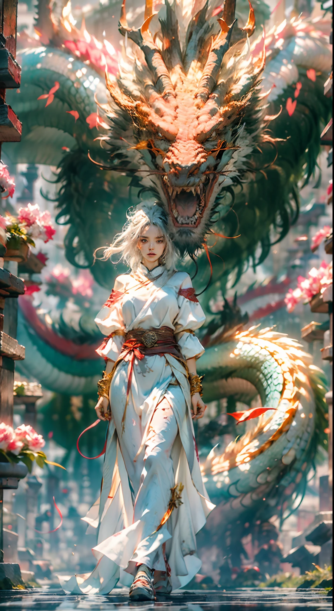 The Chinese White Divine Dragon rose into the air,(Chica manipula dragones:1.3),(The girl has her back to the camera:1.3),Las nubes del cielo rodean los alrededores,magia de luz,fantastic background,Significado de fondo,Ridiculous background,There are artistic overlays,cabello multicolor, surrealismo, cinematic lighting, Trazado de rayos, Luz de Dios, Speed Line, view angle, hiper HD, obra maestra, La mejor calidad, Super detail, A high resolution, alta calidad,(vista lejana:1.3)