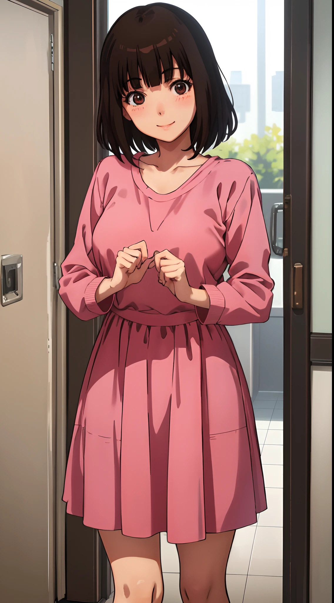 (anime:1.2), (best quality:1.1), (masterpiece:1.1), (absurdres:1.0), portrait, close-up,
1girl, kurihara chiyo, bob cut, brown hair, brown eyes, bangs, blunt bangs, medium breasts, blush, smile, happy, cute, elegant clothes, Healthy skin, cum on face, standing .