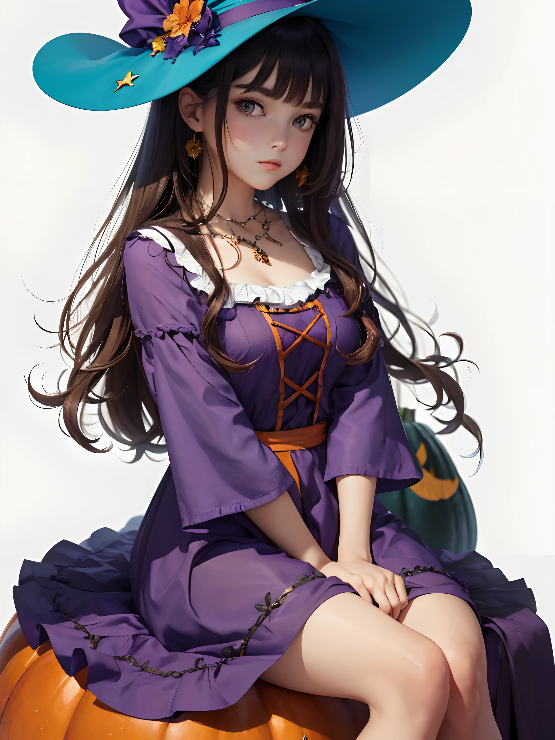 (Masterpiece, highest quality, super large resolution); (CG illustration); Cute caucasian teenage Halloween witch in a purple dress; sitting beside orange pumpkins;  (fashionable) (trendy); fashion typography, magazine cover poster, hyper-detail, art, graphic design, detail post-processing, depth of field, high brightness, high saturation, more white space; on an uncluttered white background, in a white room with white background