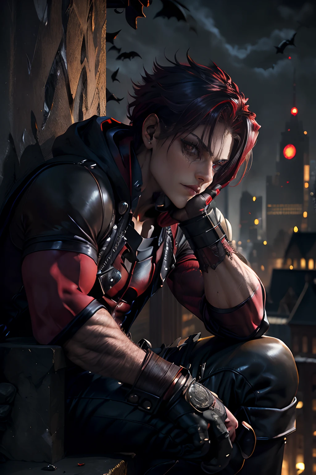 (high quality,high resolution,masterpiece:1.2),Red Hood sitting on a tall building, the building has a stone gargoyle holding a clock with hour hands, night in Gotham City, portraits,detailed eyes,detailed lips,extremely detailed eyes and face,longeyelashes,dark atmosphere,urban landscape,moody lighting,gothic architecture,gritty style,red and black color scheme.