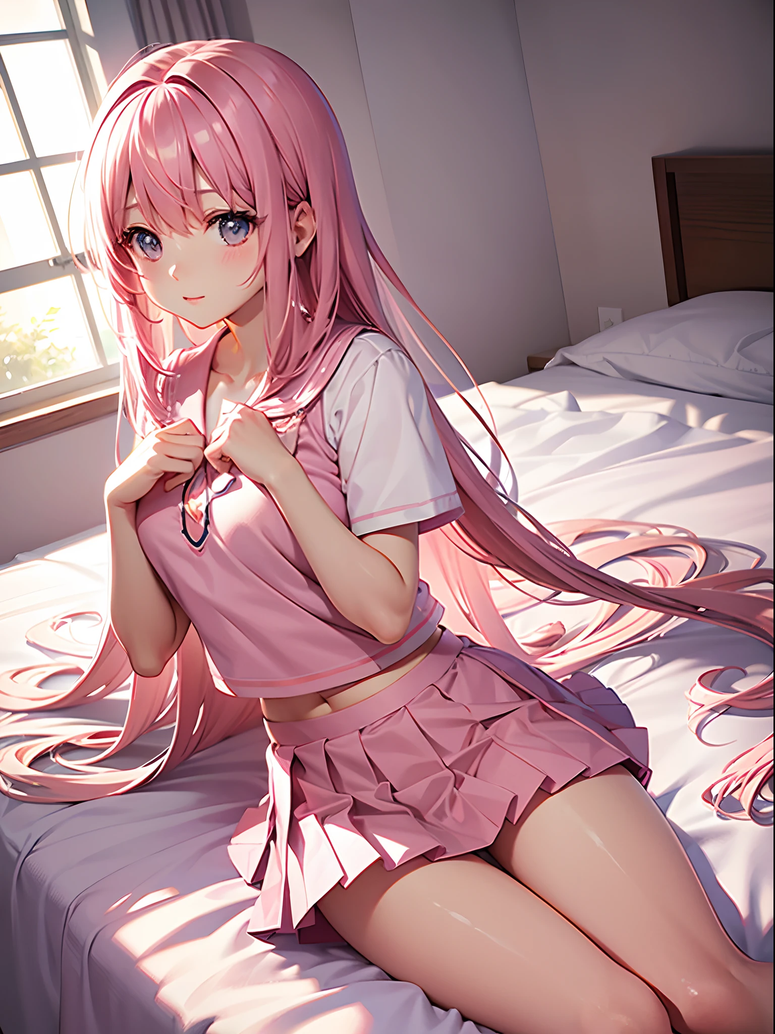 beautiful illustration、top-quality、 s、bedroom、A pink-haired、length hair、(((Pink pleated skirt)))、(((pink sailor suit)))、shortsleeves、huge tit、a navel、Flipping up the skirt with your hands、Show white panties、Pull up your skirt and show your panties、bare-legged、blue eyess、on the beds、lovely thighs、glowing thigh