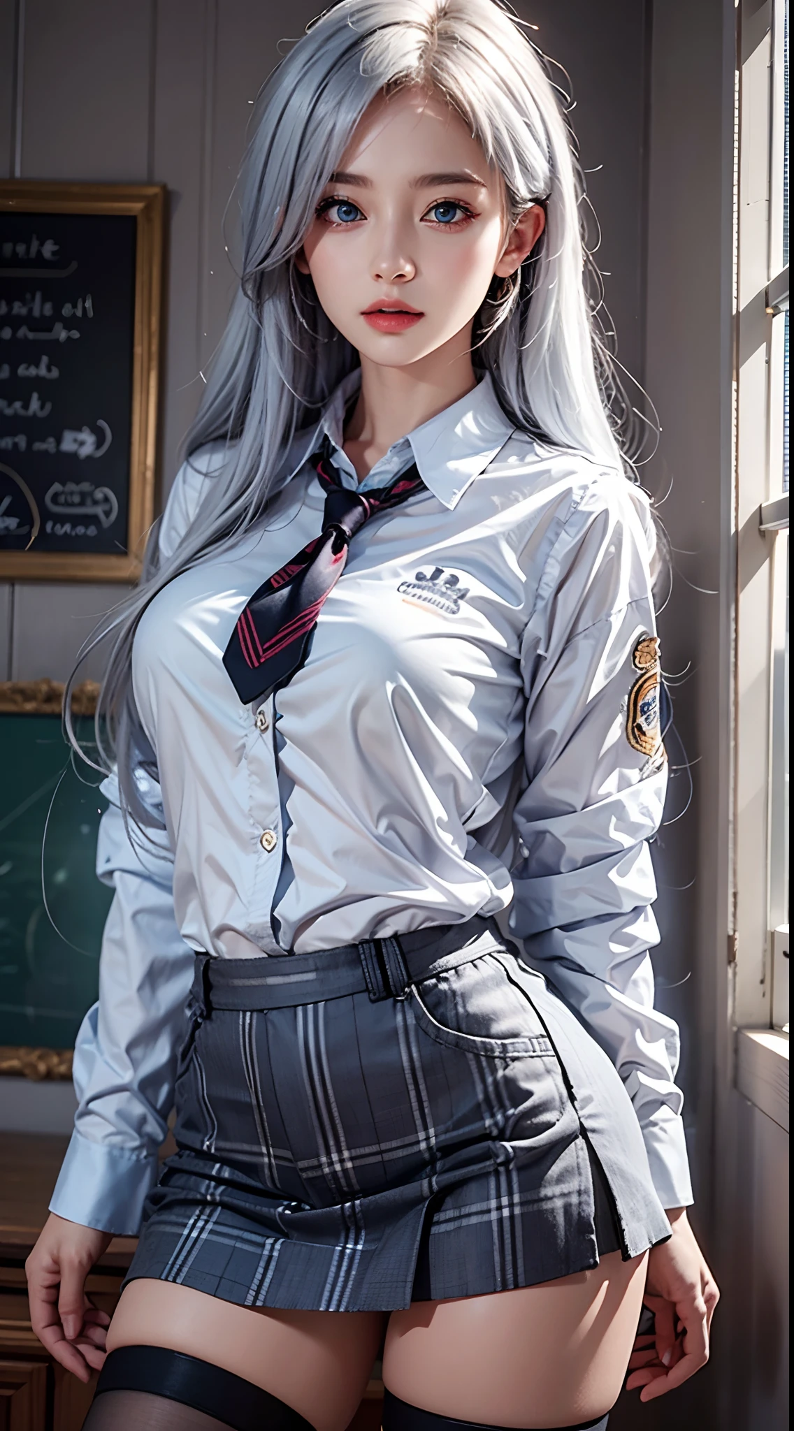 photorealistic, high resolution, soft lights, 1women, solo, hips up, blue eyes, white hair, long hair, school uniform, shirt, skirt, thigh highs