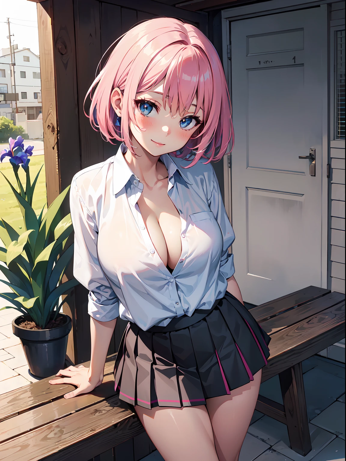 (masterpiece:1.3), (Best Quality:1.3), (Ultra-detailed:1.2), ((kawaii)), Cute, (lovely), ((sexy)), ((Extremely detailed)), 4K, (8K), Best Quality, (Beautiful), Illustration, anime style, (bold line:1.2), Gradation, //, (arms behind back:1.3), (posture that makes one's chest tense), //, a cute girl, 1girl, (solo:1.2), //, (huge breasts), (Perfect eyes:1.2), (Perfect iris:1.2), //, Short hair style, Bright pink hair color, (beautiful eyes) //, (sexual expression:1.2), Fascinated expression, Smile, (blush), //, School uniform, Emphasizing cleavage, down blouse, mini Skirt to see underwear, //, The backyard of the school, a place with an old bench, no one else around