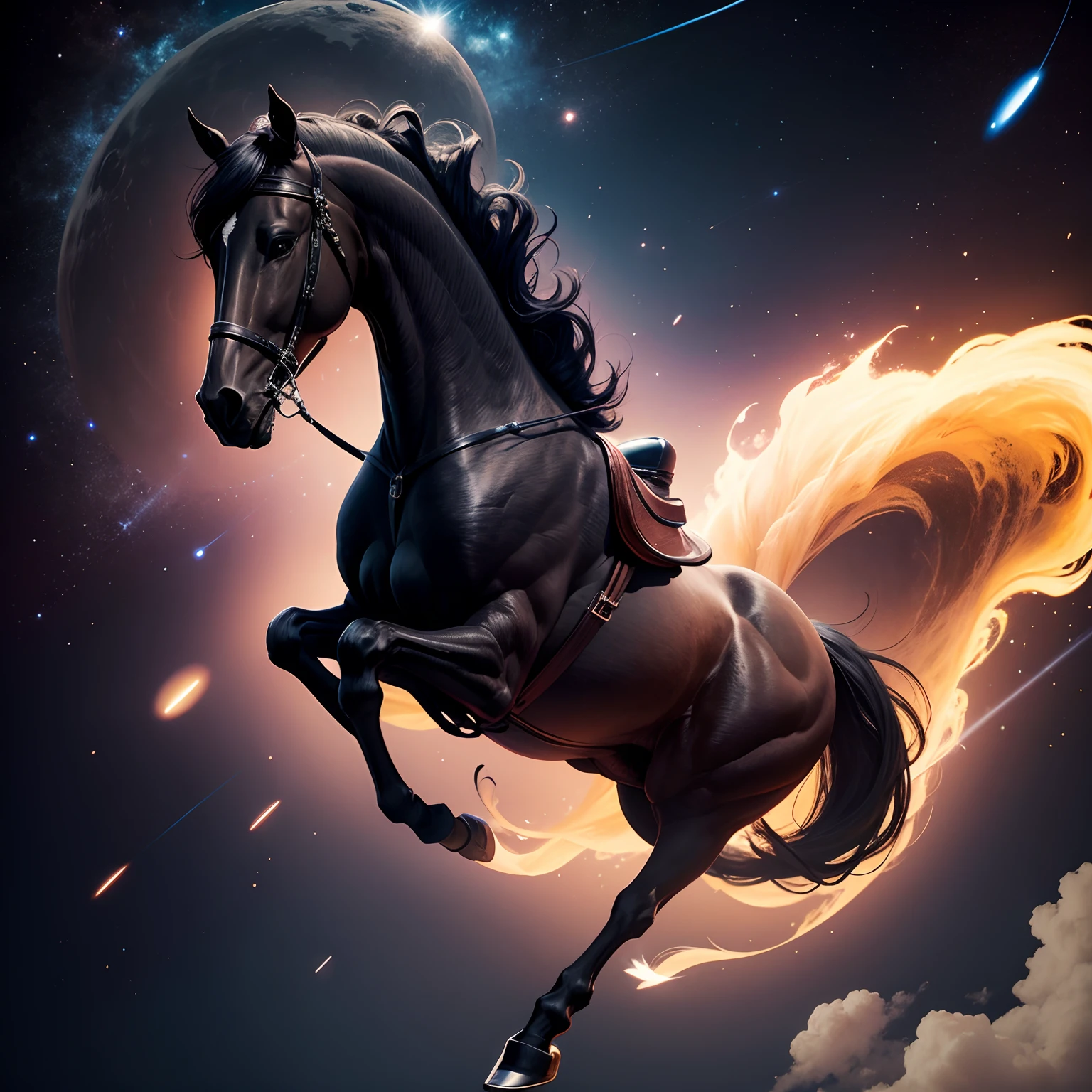 An alien black horse flying in outer space. Behind it is dark energy.