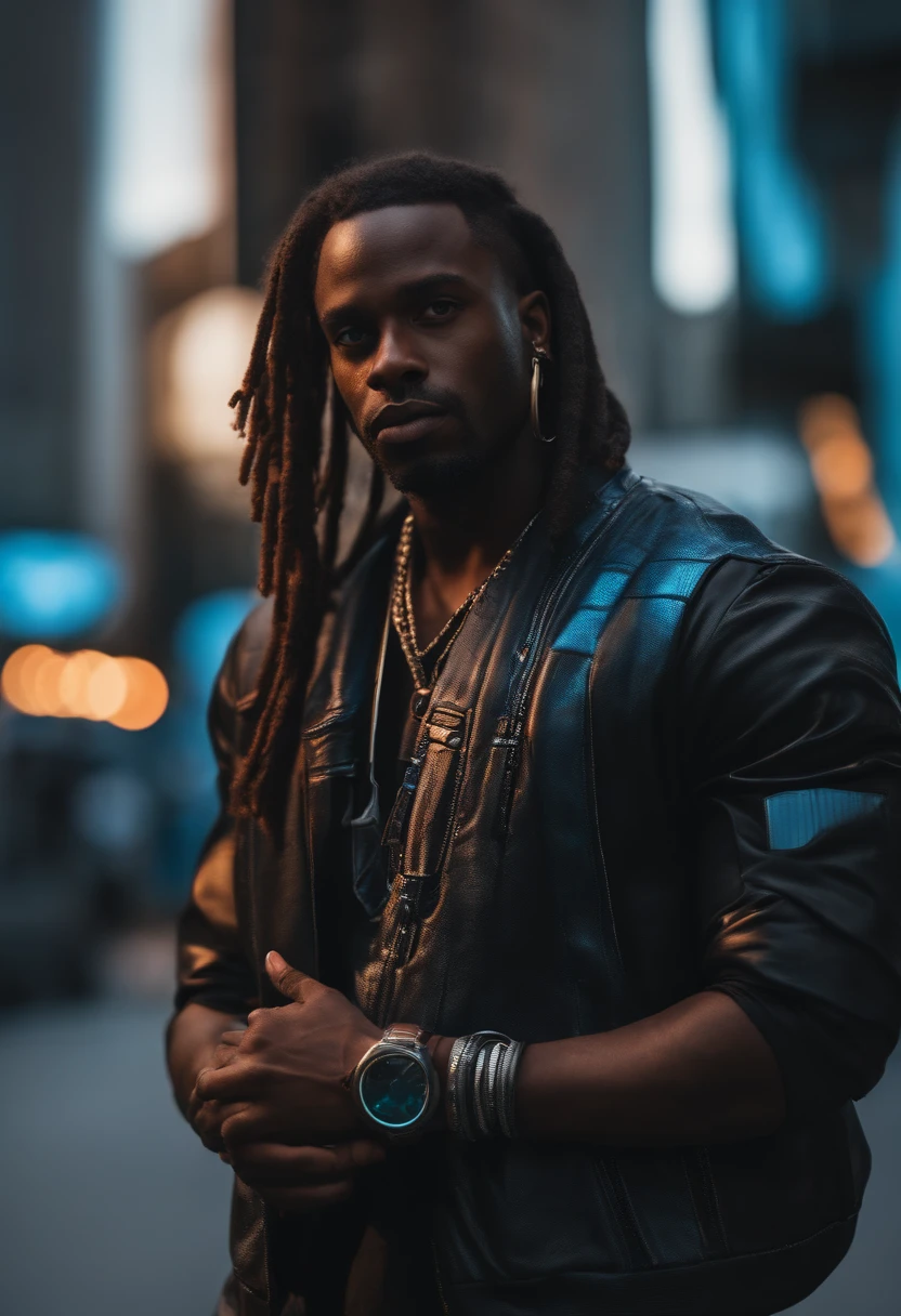 A black african american man, wearing distopian cyber punk clothing, dreadlock hair style in a cool pose, city, absurdres, high res, ultrasharp, 8k, masterpiece, looking at viewer