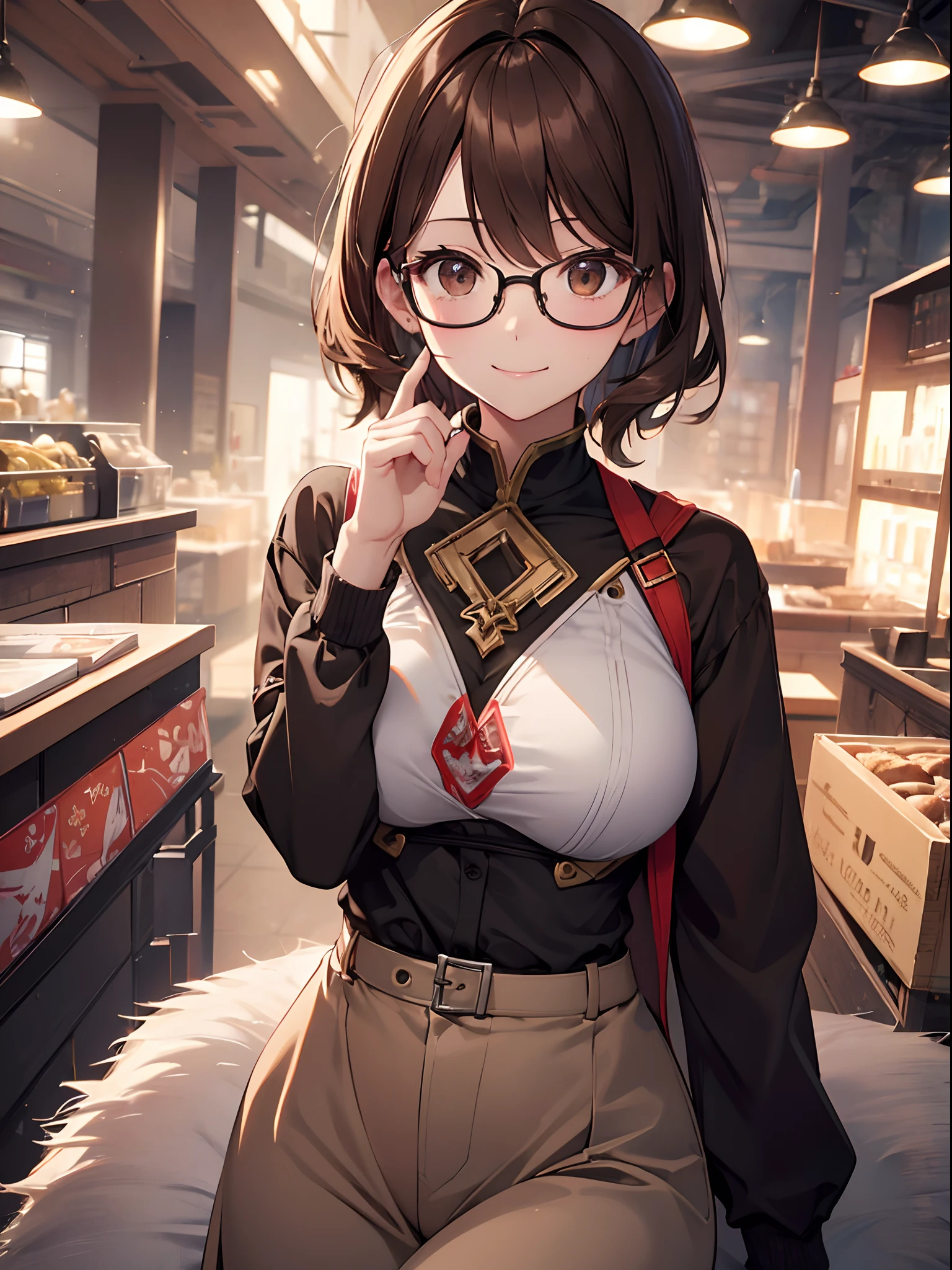 1 female、brown haired(Curta)、Brown eyes、Black-rimmed glasses、Best Quality、ultra-detailliert、8K resolution、Raw photo、masutepiece、seductive boobs、gorgeous faces、Perfect body、a smile、a park