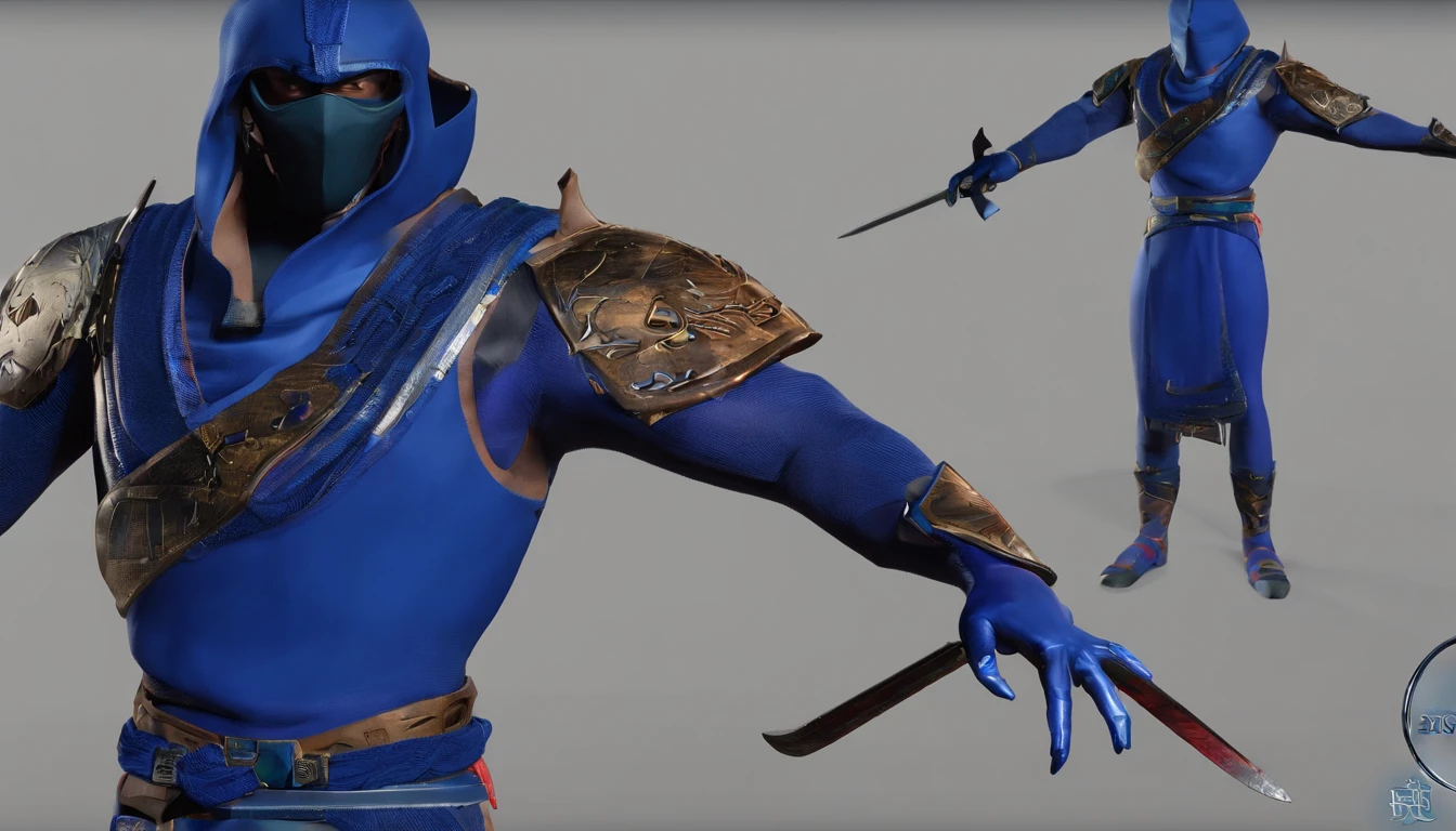 Ninja com roupa da cor azul ( Extreme creation, beleza superior em imagem.) olhos azuis, left hand with five fingers holding an ice dagger, right hand with cincco fingers, segurando uma espada de metal, dragon tattoo on left arm, Japanese Blue Demon Mask