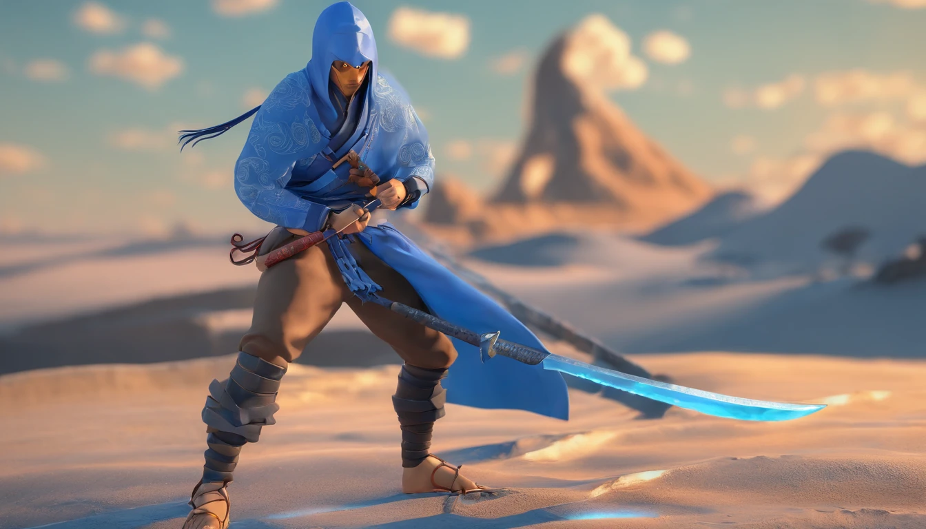 Ninja com roupa da cor azul ( Extreme creation, beleza superior em imagem.) olhos azuis, left hand with five fingers holding an ice dagger, right hand with cincco fingers, segurando uma espada de metal, dragon tattoo on left arm, Japanese Blue Demon Mask