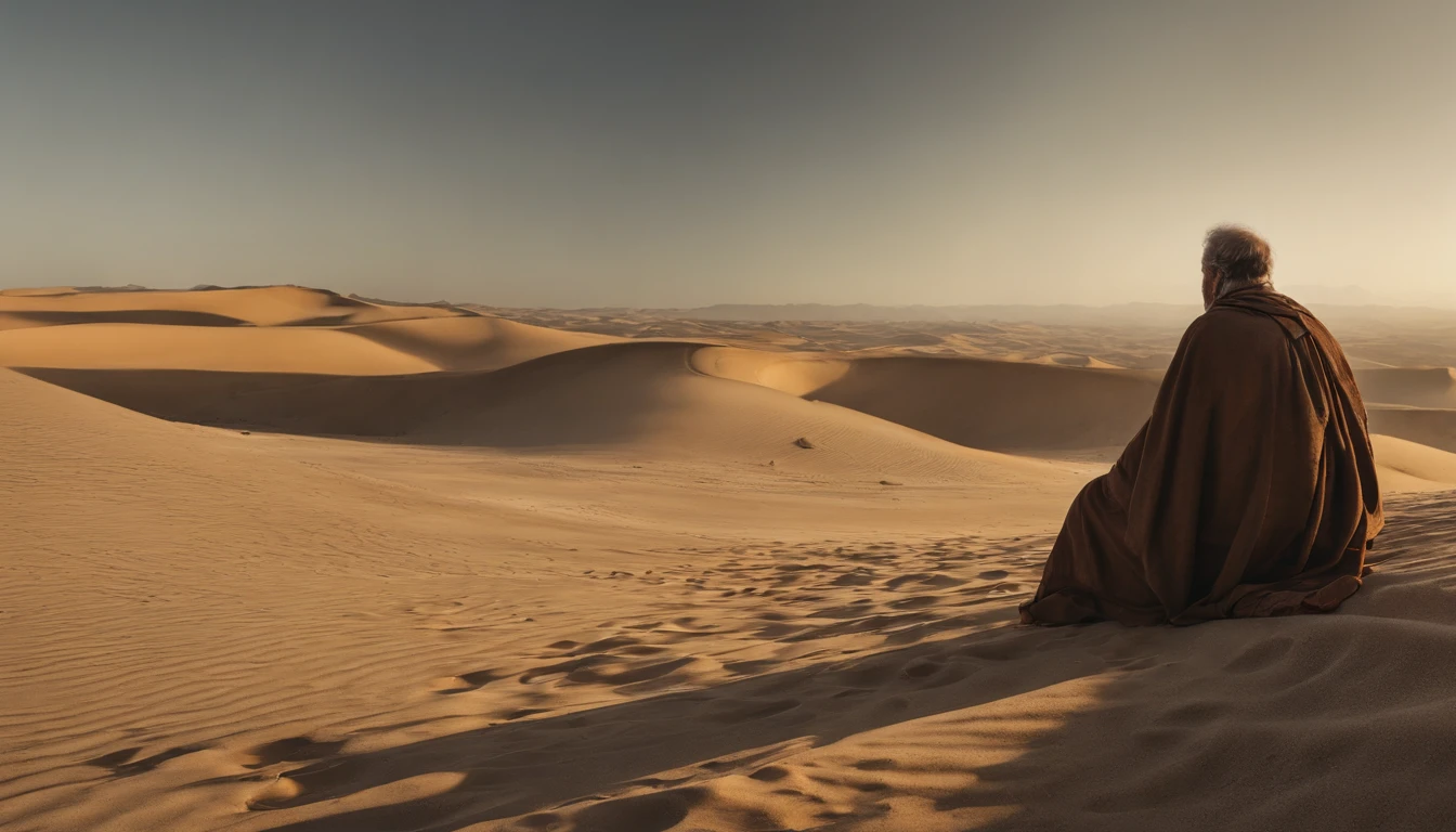 Homem encapuzado andando no deserto, Hold hands with the team, In the background of the sky, portrait of bedouin d&d, ainda do Filmes live-action, supervision: Directed by: Étienne Delessert, Fotografia IMAX, James Gurney e Andreas Rocha, Filme duna 2020, medium shot of two characters, Danube, Sony Fotos, 4K still images, Video images of biblical prophets, He looked up at the sky,、I cry out to God to make you heard, tons quentes de terra, e sombras profundas, It's a sensible expression, - V5 - Estilize 1000, The prophet of the Bible cries out to God for the life of his people, obra prima, detalhes intrincados, cinemactic, Biblical prophets look to heaven, Beautiful blue sky with a cloud, Localizado no deserto do Sinai, em uma colina, In the background is a desert and a small biblical village, 50-Year-Old Biblical Character, no deserto: epic realistic, Soft cinematic portrait, Adobe Lightroom, photographic lab, ighly detalhado, desbotado, arte de greg rutkowski e artgerm ,cores neutras: 1,2), (NFFSW: 1,4) , (cores suaves:1.2), Hiperde Tarhad, (art stations:1.4), cinemactic, luz quente, dramatic light, (detalhes intrincados:1.1), O Contexto Complexo, (Rutkowski:0.66), (azul e laranja:0.4), cinemactic, Looking up at the sky in a brown robe, (((olhos perfeitos, Expressivo))), 8k, Olhe para cima, Sky still blue, ((the perfect appearance, Expressivo))), (((apenas um Homem))), ((Barba grisalha curta e cabelos grisalhos curtos,)), look up to the sky, (((olhos perfeitos)) Imagens espetaculares, Filmes, Cinematic 8K, imagem de meio corpo, plano americano, he is all alone、Your eyes are looking up at the blue sky with clouds, (((Um olhar detalhado, very sharp, Expressivo))) ((tem barba curta e cabelos grisalhos curtos)), 8k, cinemactic, obra prima, (((Homem))), ((((Sozinho no deserto)))), olhos perfeitos e expressivos, It's just a guy and、It's a person,