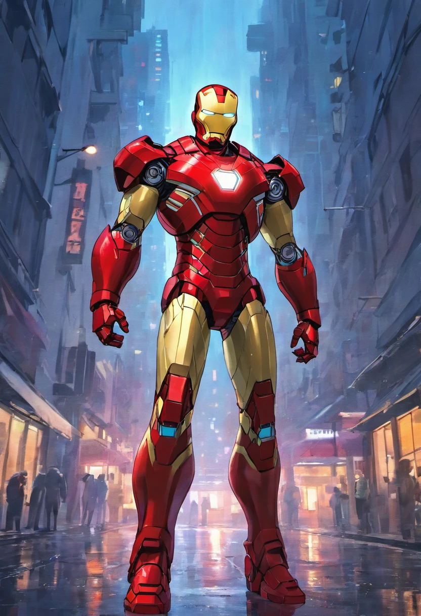 photo of Iron Man from Marvel standing outside the city 17, rainy, rtx, octane, unreal