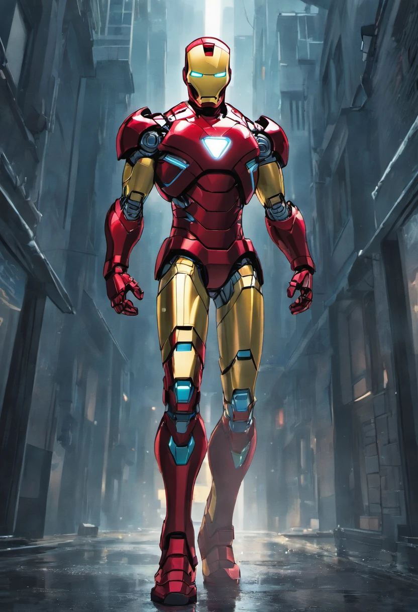 photo of Iron Man from Marvel standing outside the city 17, rainy, rtx, octane, unreal