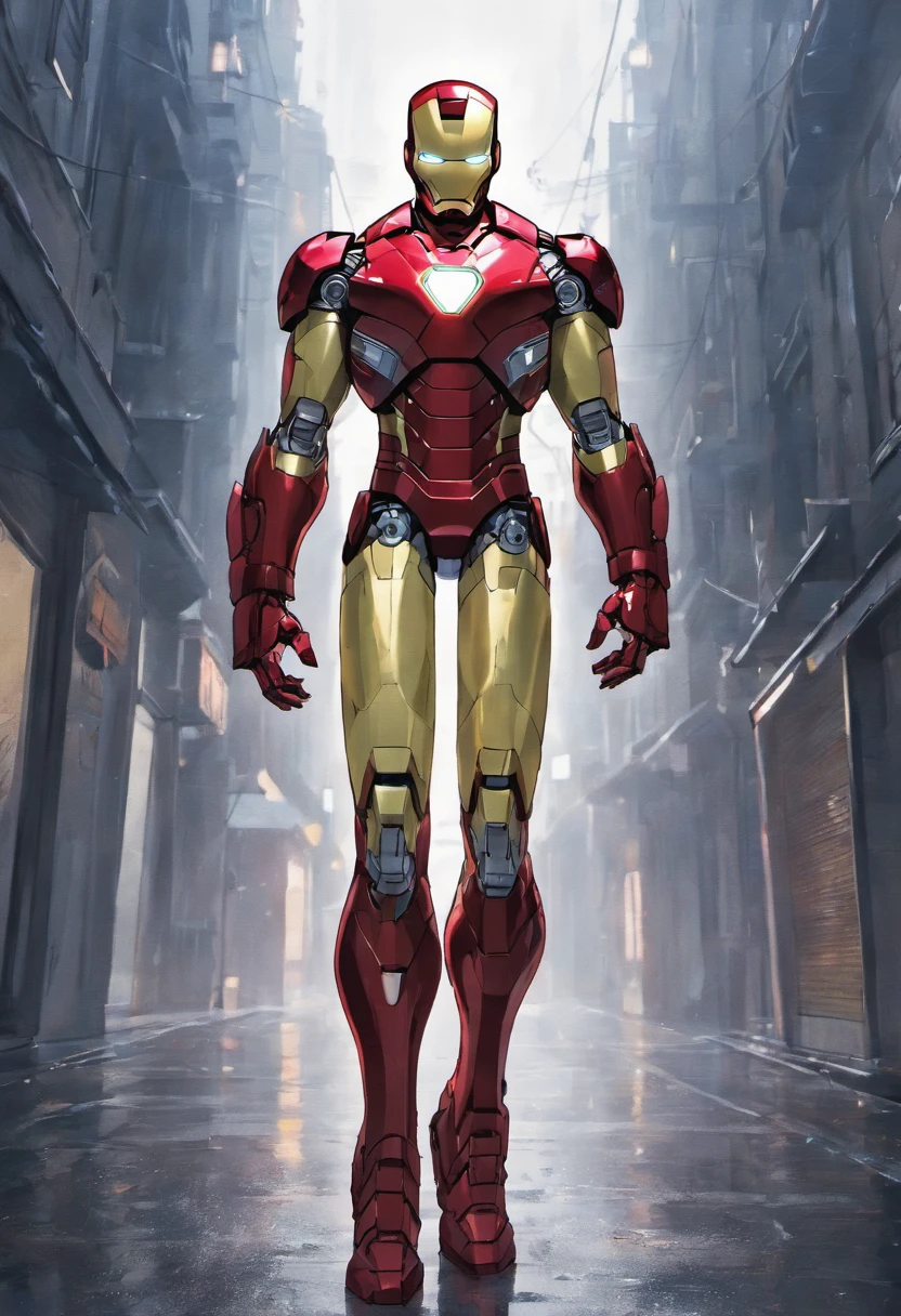 photo of Iron Man from Marvel standing outside the city 17, rainy, rtx, octane, unreal
