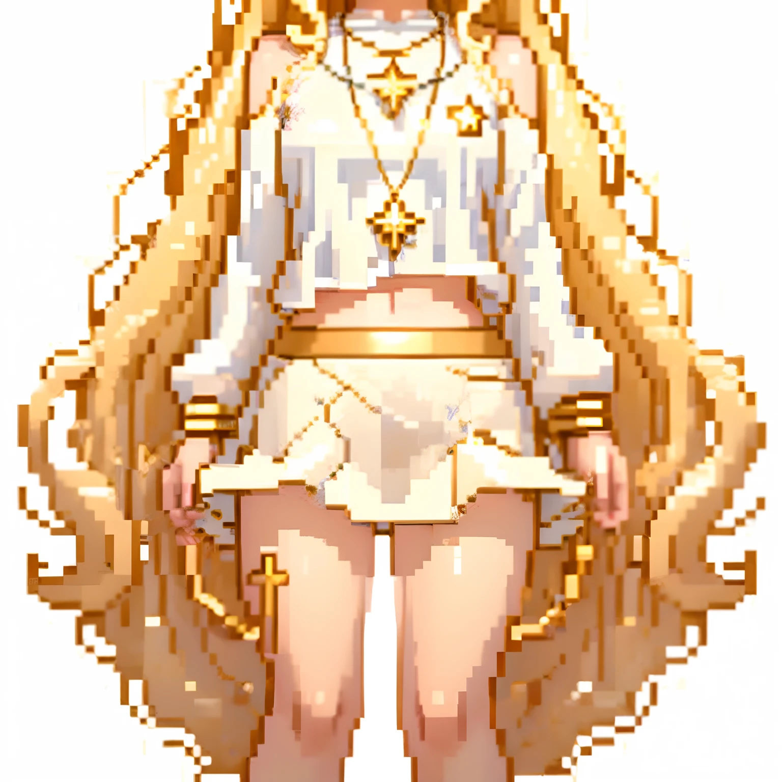 conceptual art of the character, white background, full body, from head to toe, semi-realistic, 1 girl, long and wavy golden hair, white long-sleeved cropped top, golden details, golden necklace with star pendant , black pants, white skirt, white sneakers, , extremely beautiful, elegant and determined pose, sketches of the character around her