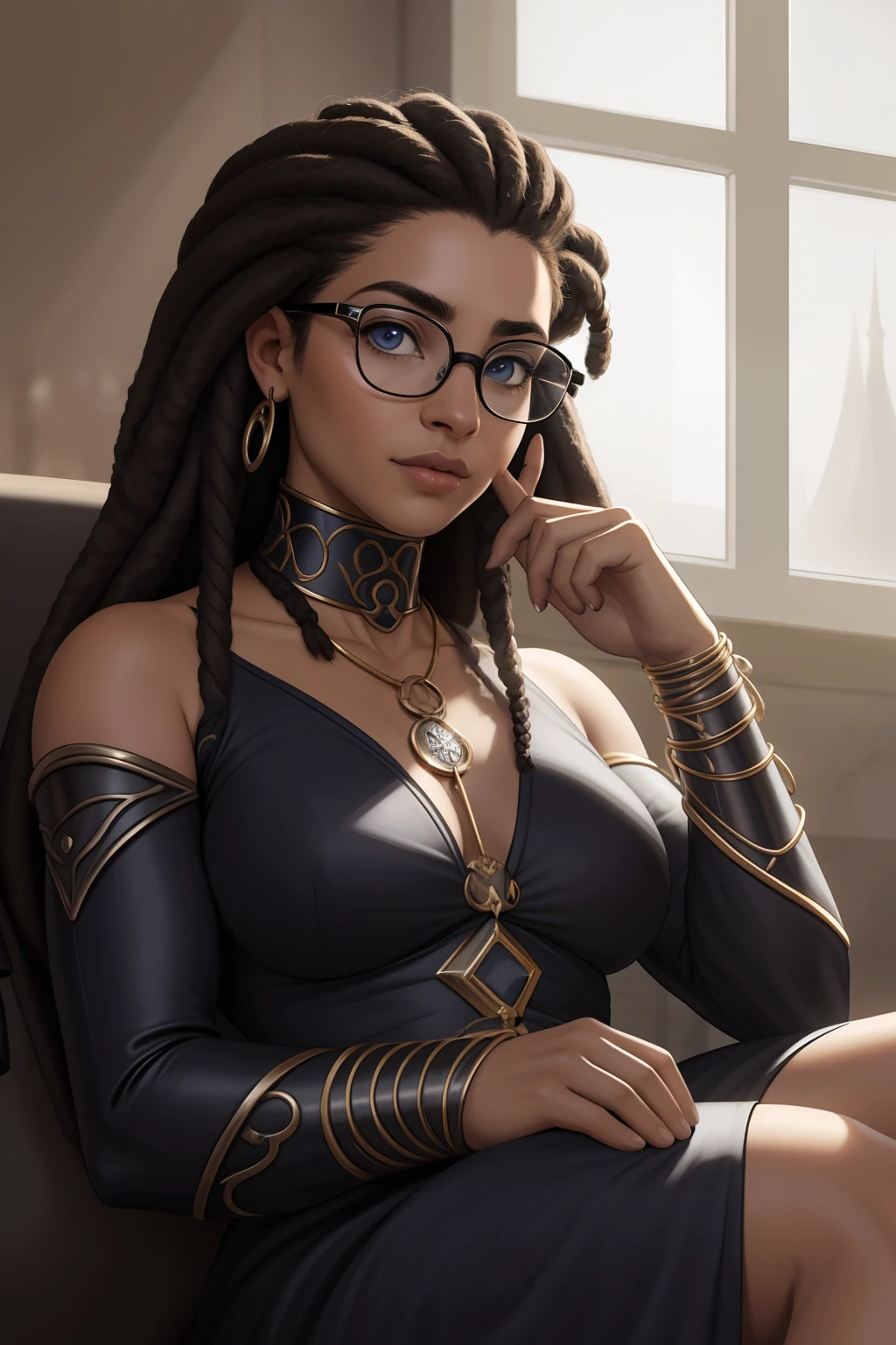 MulherMoreno, de cabelo afro cabelo caindo para frente, Rasta type but braided with glasses sitting on a couch with a furry , aluna hiperrealista, com rabo-de-porco preto, character is in her natural pose, imagem ultra realista, Commission for High Res, nerdy black girl super hero, With eye Glasses, uma aluna hiperrealista, thick glasses, Estilo de arte fotorrealista, photorealistic illustration, Estilo de arte realista, Realistic student cosmic fallen angel, olhos claros brilhantes, Biomechanicals, estranho, assustador, pesadelo, cores muito brilhantes, light particles, com luz brilhante, Mshiff, Arte do papel de parede, papel de parede uhd, Anakil Skywalker, 15 anos, roupas medievais