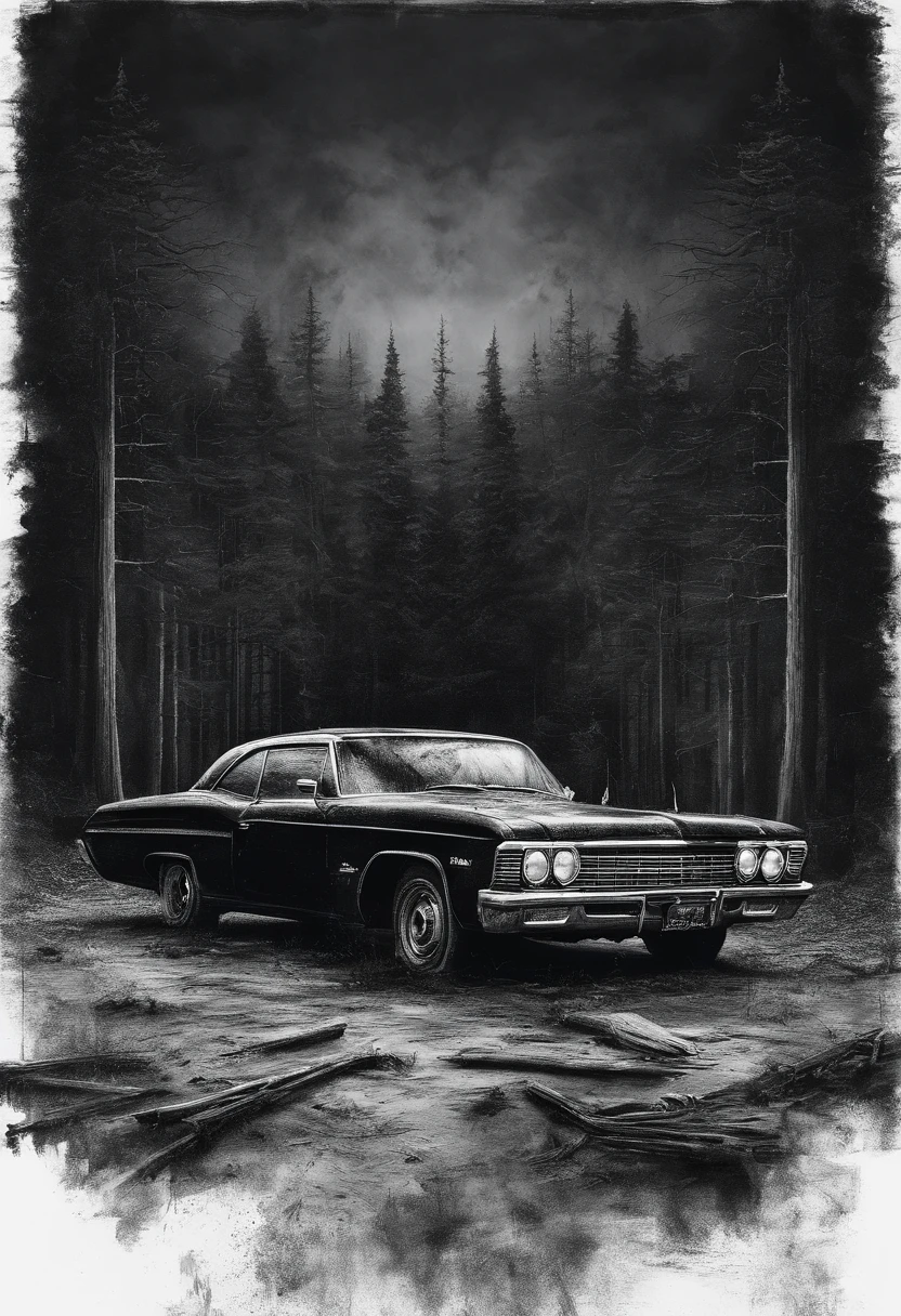 Vintage Chevrolet Impala:Litflan impala,Black sky,Dirt roads,Dim light,Tall pine trees。Sketch drawing, Hyper-realistic, Artistic, All black and white,with intense rain。