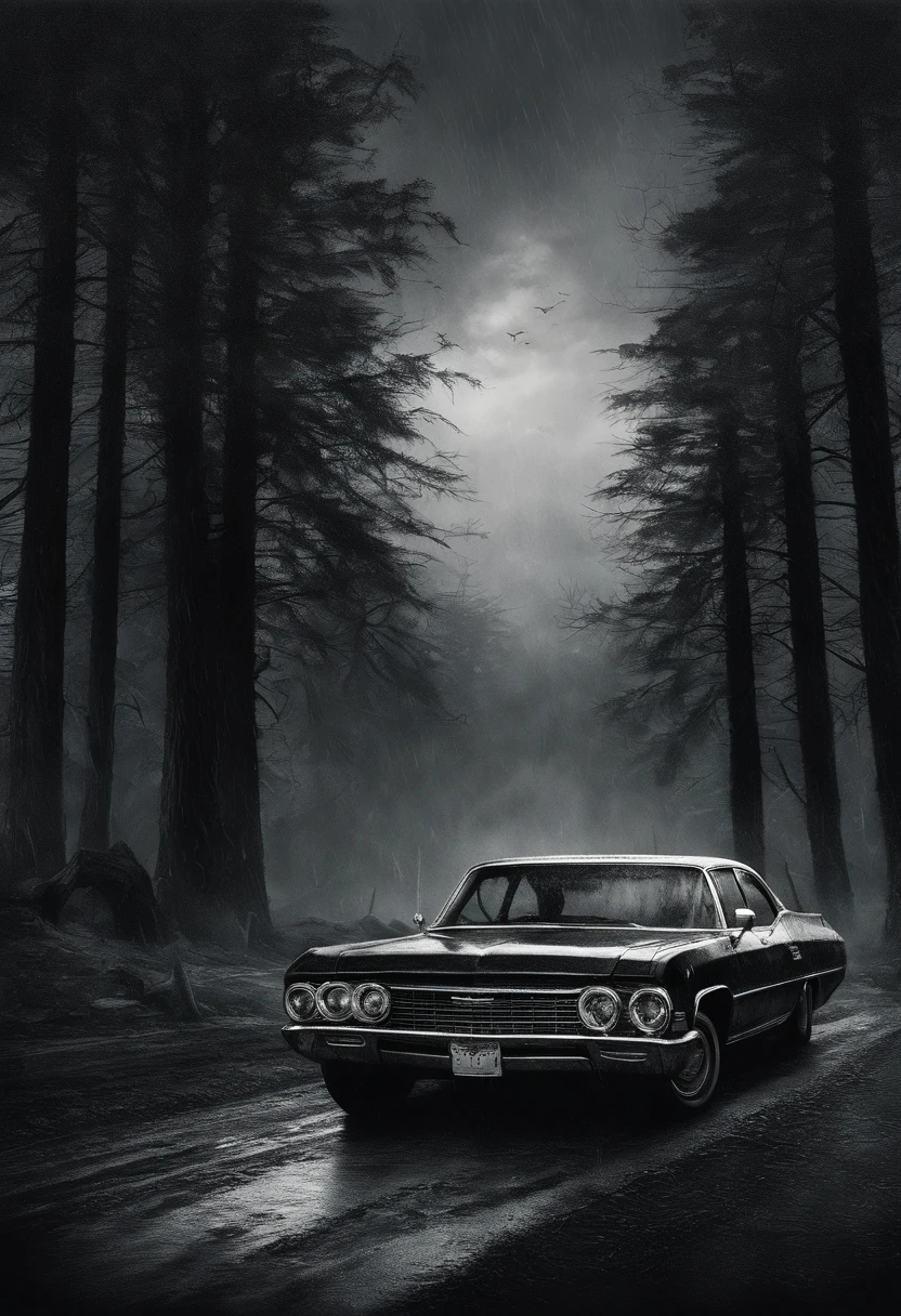 Vintage Chevrolet Impala:Litflan impala，Black sky，Dirt roads，Dim light，Tall pine trees。Sketch drawing, Hyper-realistic, Artistic, All black and white，with intense rain。
