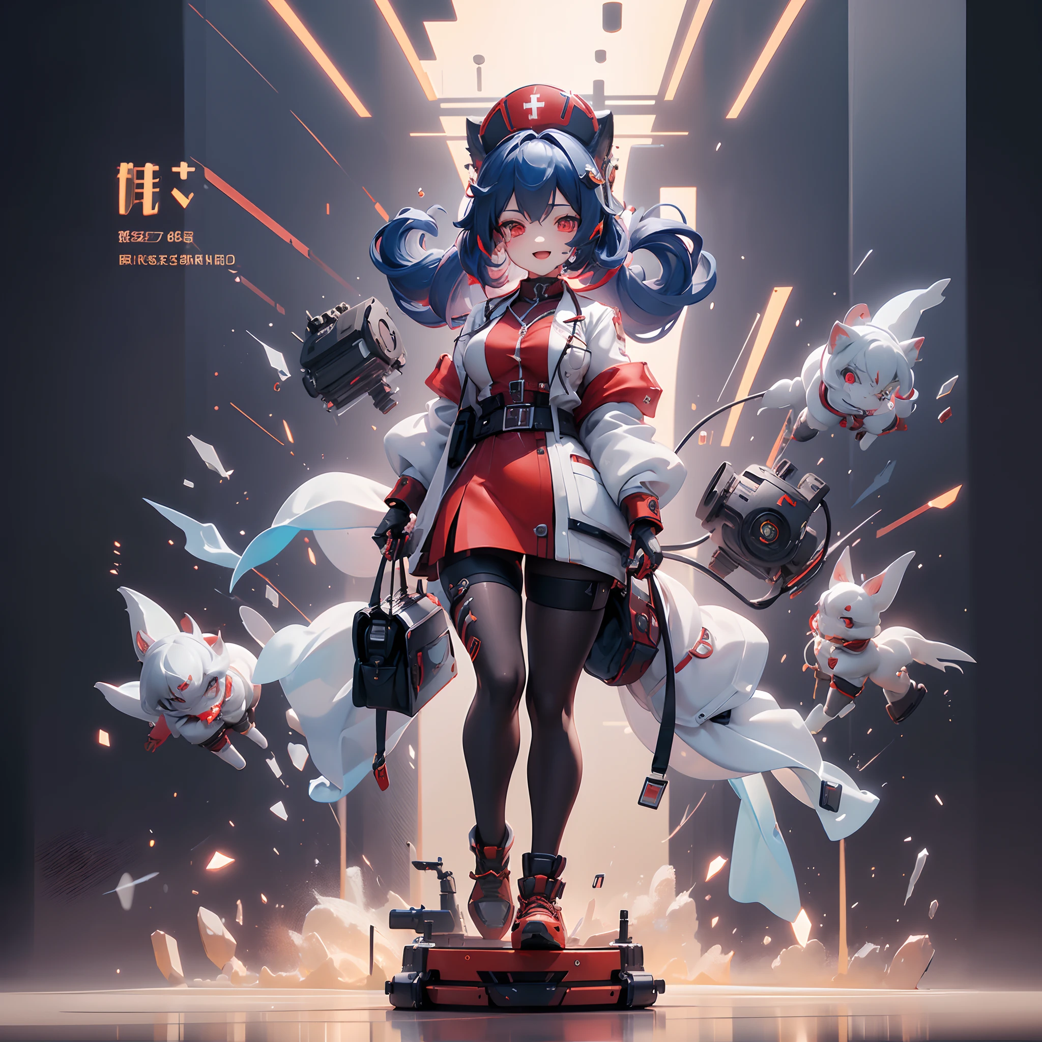 (((Mechanical Female Doctor ,Evil sensual smile))), fullllbody,without background,Young doctor with sexy fox face, Nurse Cap,Fox ears,Fox Face,mechanical clothing, marks ,Machine-based hand, striated hair, Red hair, Blue hair, eye reflections, makeup, open open mouth,Mechanical Bag, high detal, Gothic art, barroco, motion-blur, Ray traching, reflective light, multiple views, Perspective, ultra wide-angle, masterpiece, Anatomically correct, Textured Leather, Super Detail, High Details, hightquality, Better Quality, Haute,