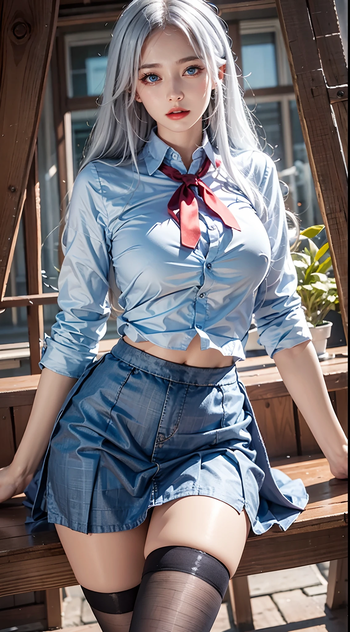 photorealistic, high resolution, soft lights, 1women, solo, hips up, blue eyes, white hair, long hair, school uniform, shirt, skirt, thigh highs