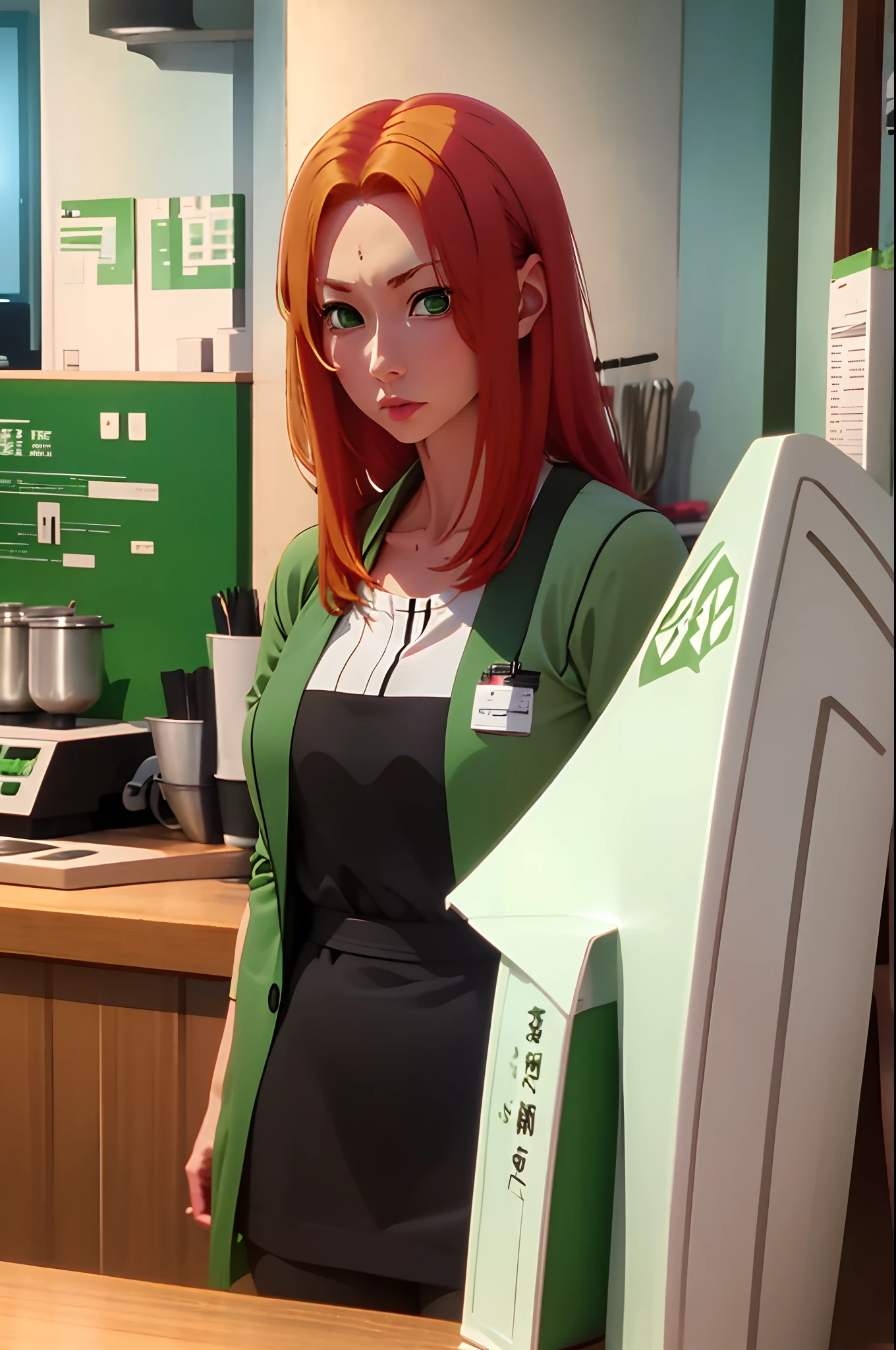 Tsunade, Red Haired, Ginger, Woman, Solo, 1Woman, Green and White and Black Clothes, Green colored Eyes, Cafe Shop Background