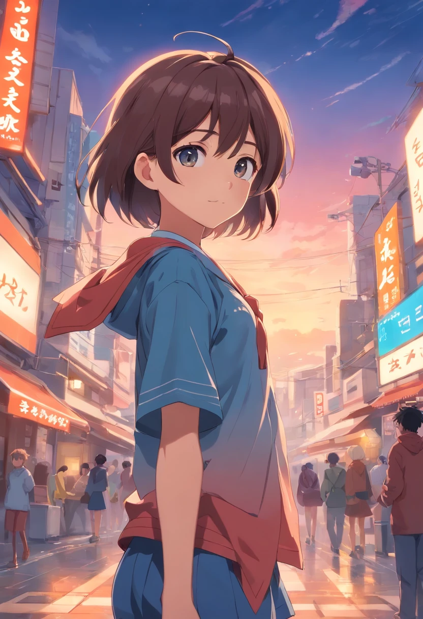 A cheerful  girl，Carrying a school bag，Hold the strap of your bag with both hands，Wear a white top, dark sweatpants, and a school uniform，Greeting the rising sun，Walk towards the school gate